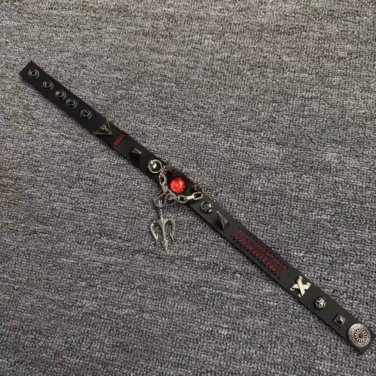 2-in-1 Gothic Black Leather Choker & Wrap Bracelet - Red Dragon Eye Necklace - Silver Trident Charm - Devil Pitchfork Jewelry