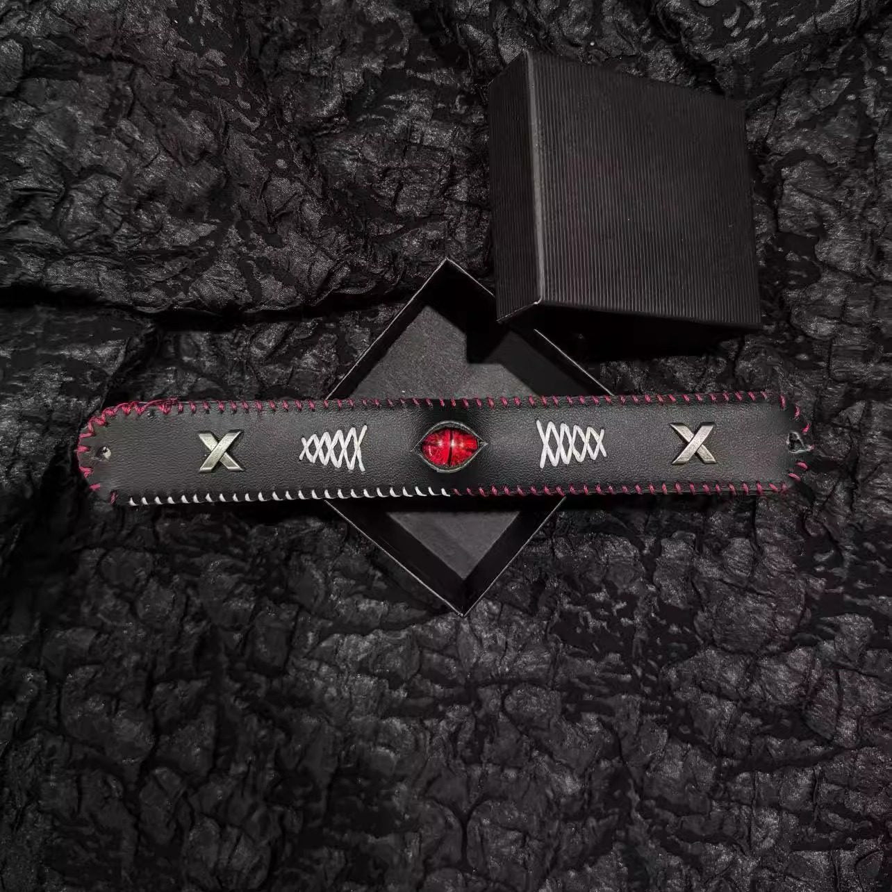 Gothic Black Leather X-Stitch Bracelet - Red Dragon Eye Cuff - Red Border & Silver Studs - Dark Ritual Wristband