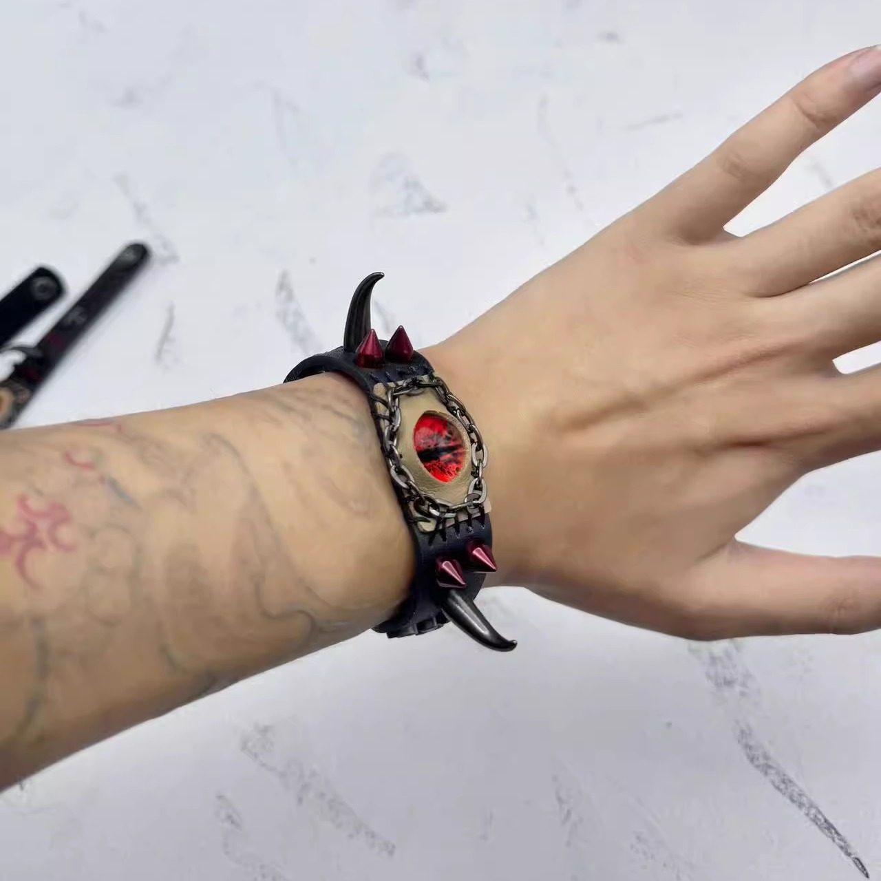 Gothic Dragon Eye Leather Bracelet - Spiked Punk Wristband - Realistic Demon Eyeball Cuff