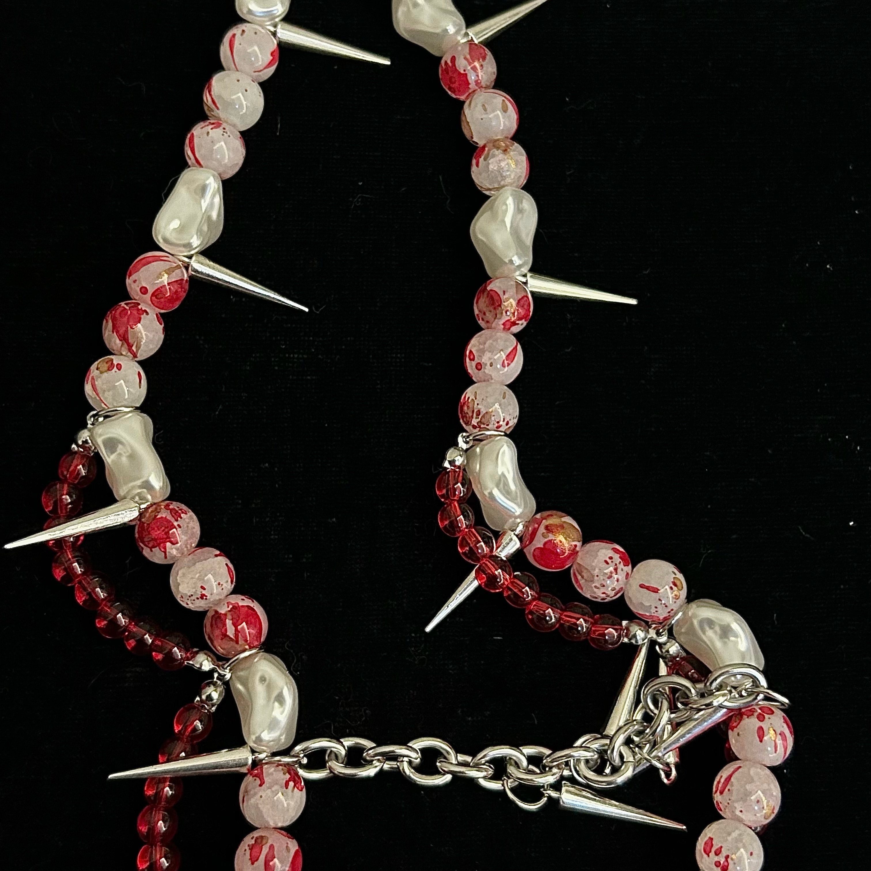 Yami Kawaii Pink Butterfly "Bleeding Eyes" Doll Face Necklace - Spikes & Blood Splatter Beads