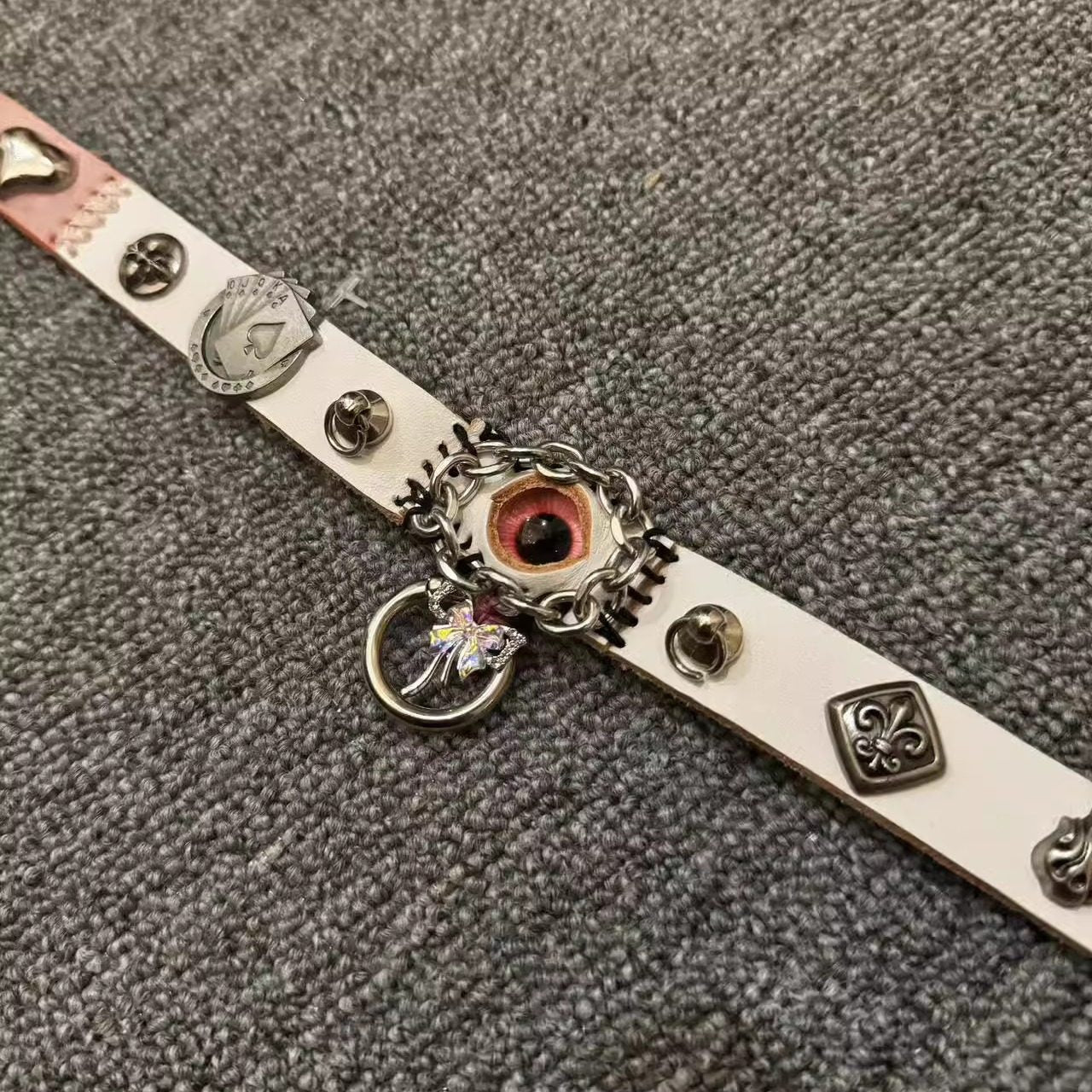 2-in-1 Pink Leather Poker Choker & Wrap Bracelet - Card Suits Charms (Heart, Spade, Diamond) - Queen of Hearts Aesthetic