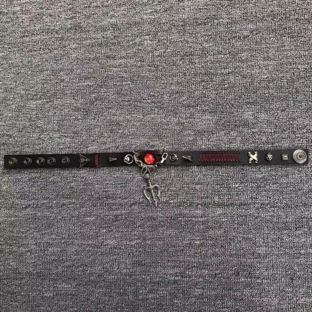 2-in-1 Gothic Black Leather Choker & Wrap Bracelet - Red Dragon Eye Necklace - Silver Trident Charm - Devil Pitchfork Jewelry