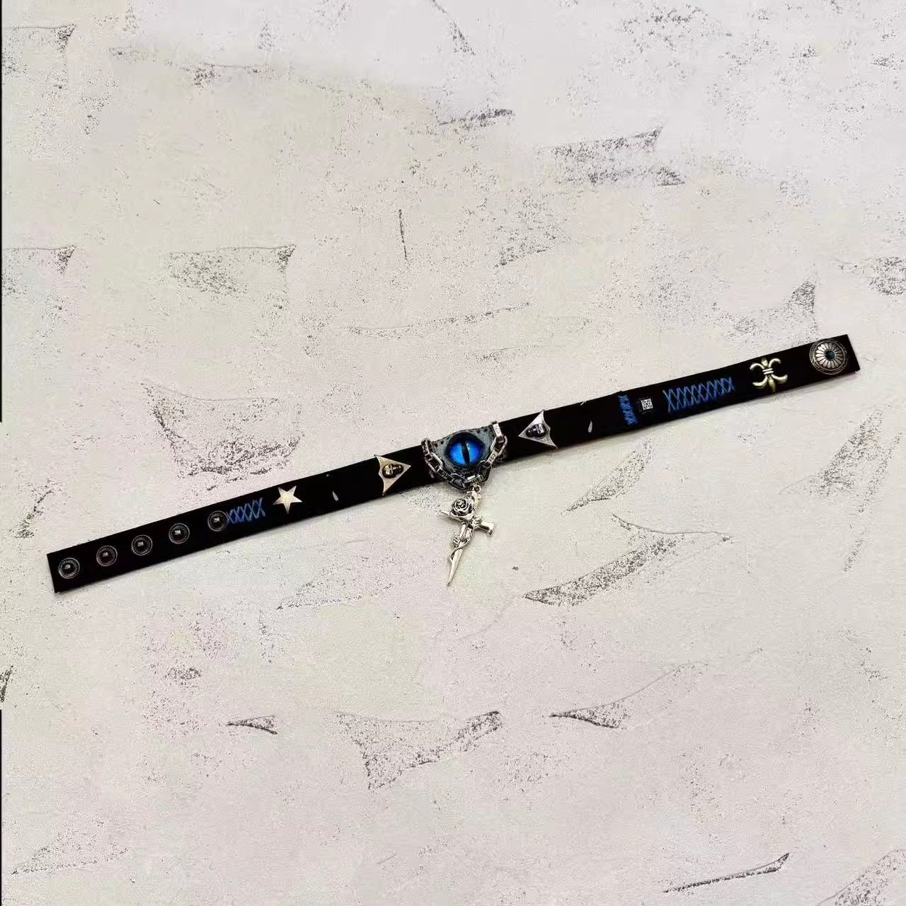 2-in-1 Gothic Black Leather Choker & Wrap Bracelet - Blue Dragon Eye Necklace - Silver Gun & Rose Charm - Punk Rock Jewelry