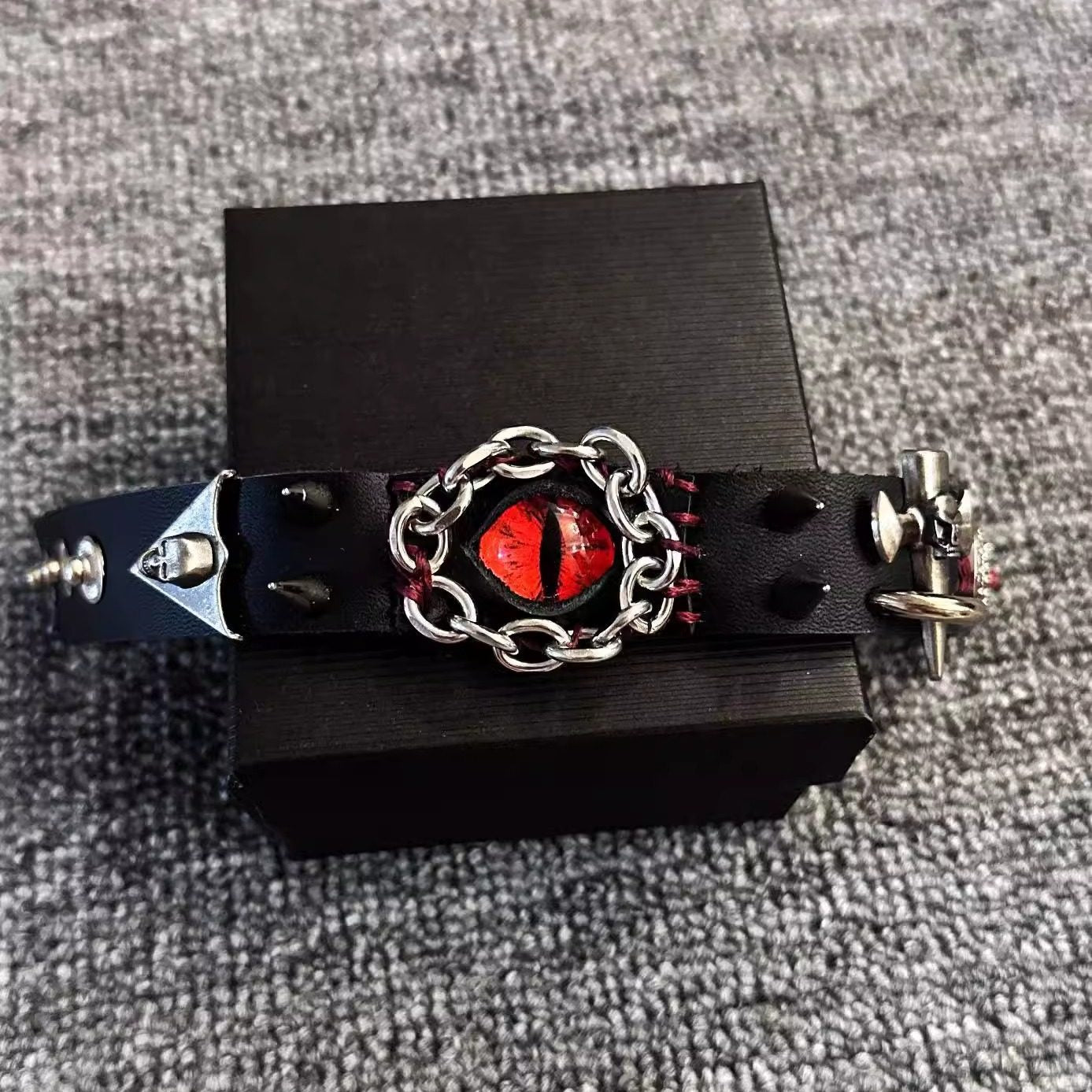 Gothic Black Leather Stitched Bracelet - Red Dragon Eye Cuff with Skull & Cross - Dark Punk Rock Wristband