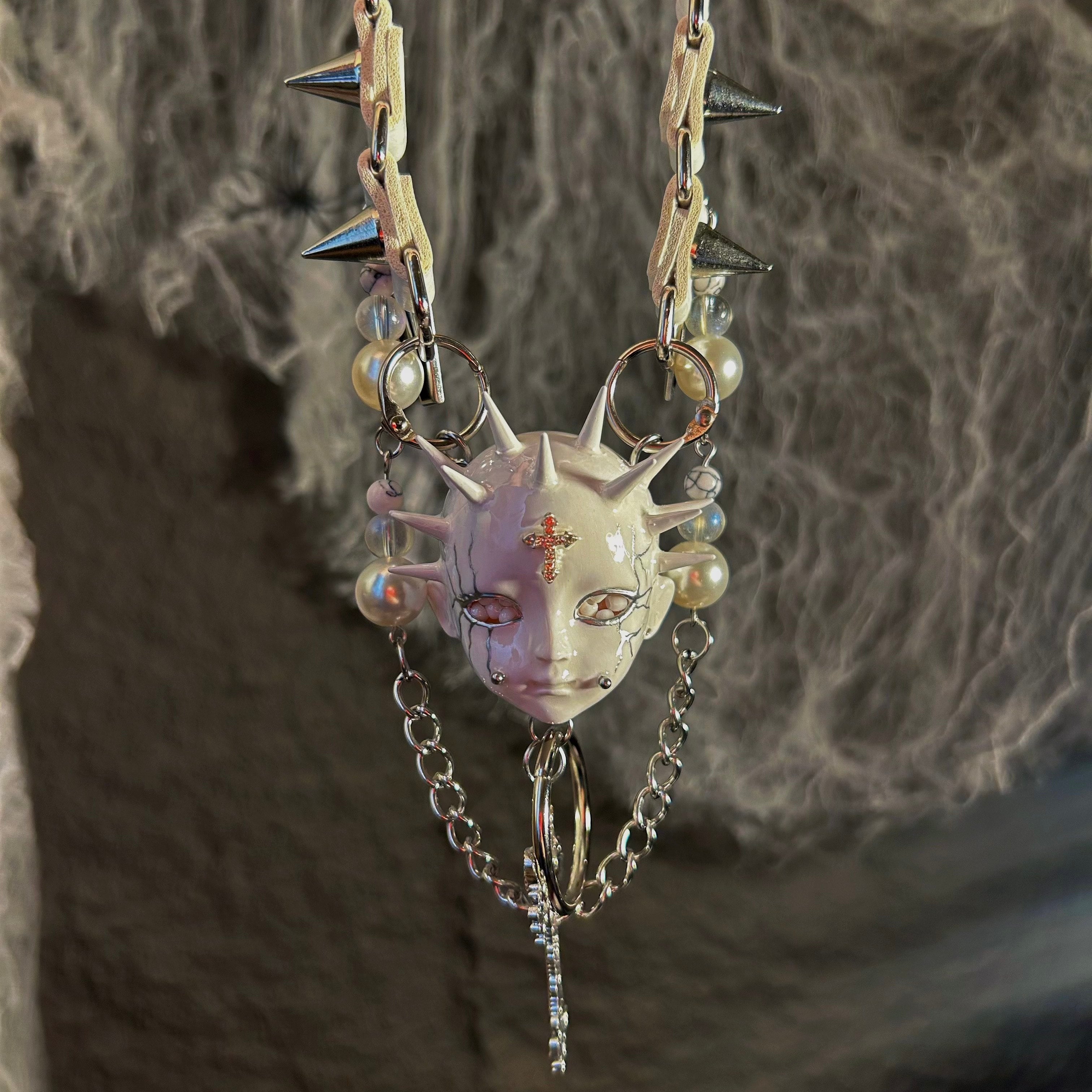White Goth "Crying Angel" Spiked Doll Face Choker - Pearls, Coffins & Ornate Cross