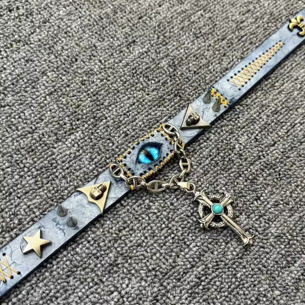 2-in-1 Vintage Blue Leather Choker & Wrap Bracelet - Blue Dragon Eye Cross Necklace - Fleur-de-lis Charm - Medieval Style