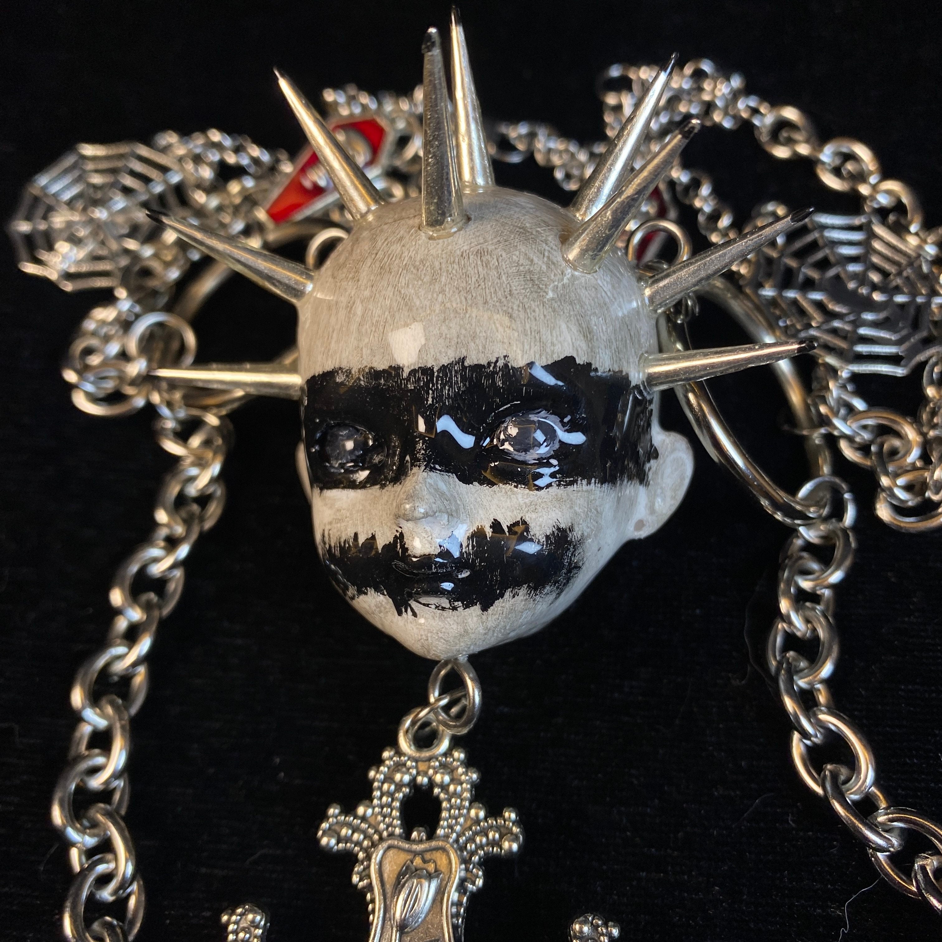 Black Metal "Corpse Paint" Spiked Doll Face Necklace - Ornate Cross & Razor Blade Charms