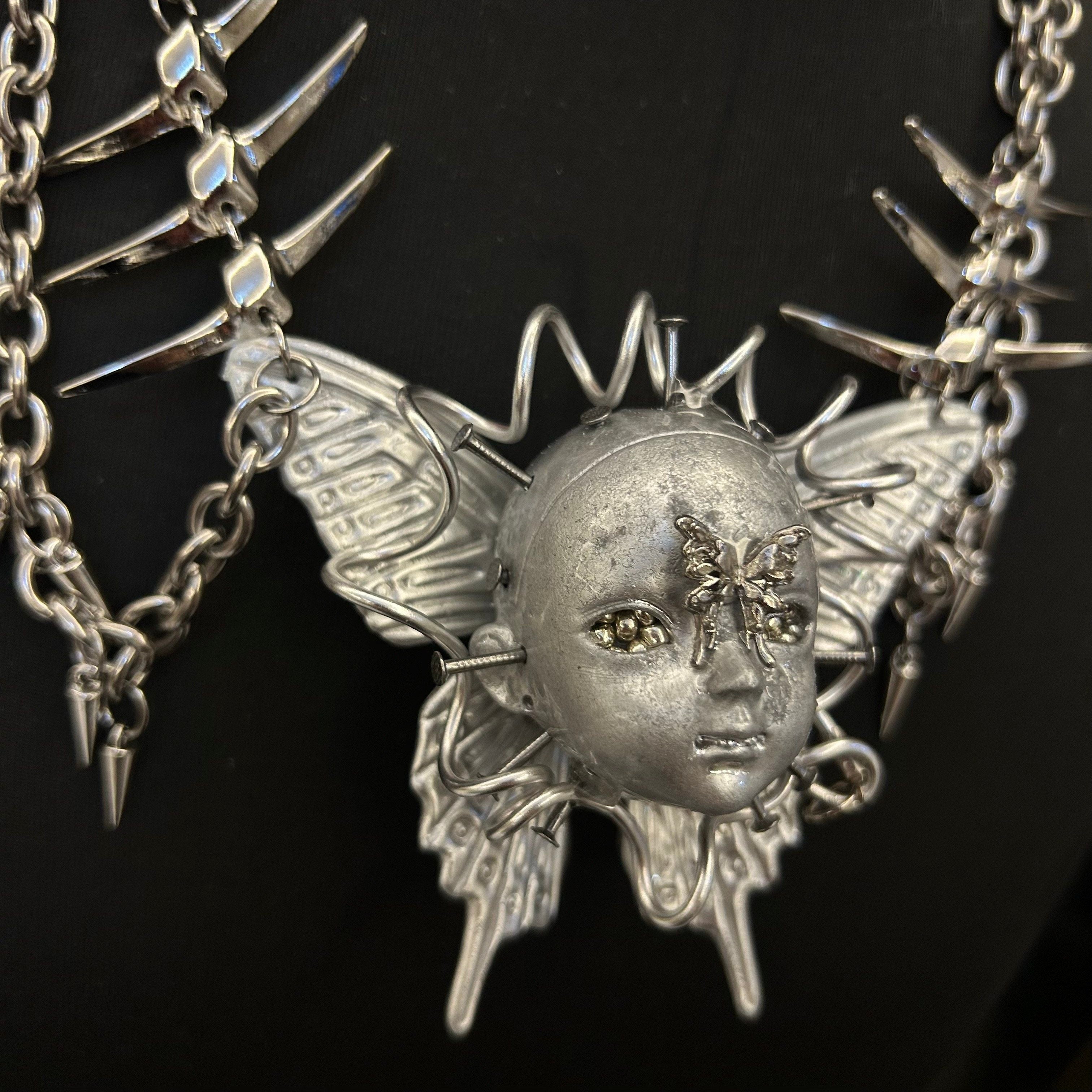 Cyberpunk Silver Metallic Butterfly Doll Face Necklace - Wire Wrapped & Spiked Chains