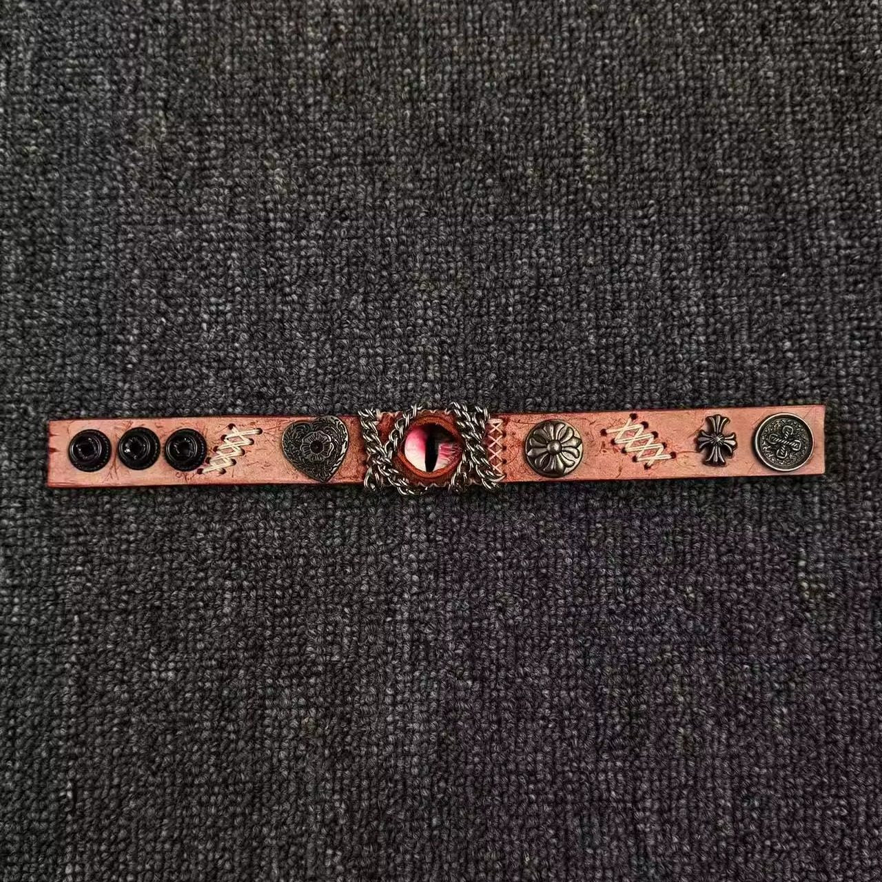 Gothic Black Leather Dragon Eye Bracelet - Large Spiked Demon Cuff - Dark Metal Chain Wristband