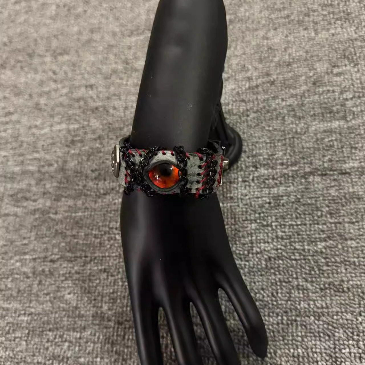 Grunge Concrete Grey Leather Stitched Bracelet - Red Dragon Eye Cuff - Industrial Punk Wristband