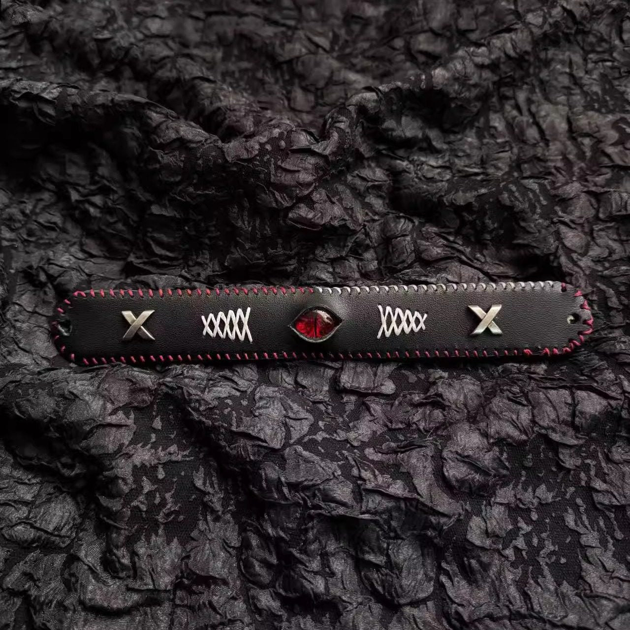 Gothic Black Leather X-Stitch Bracelet - Red Dragon Eye Cuff - Red Border & Silver Studs - Dark Ritual Wristband