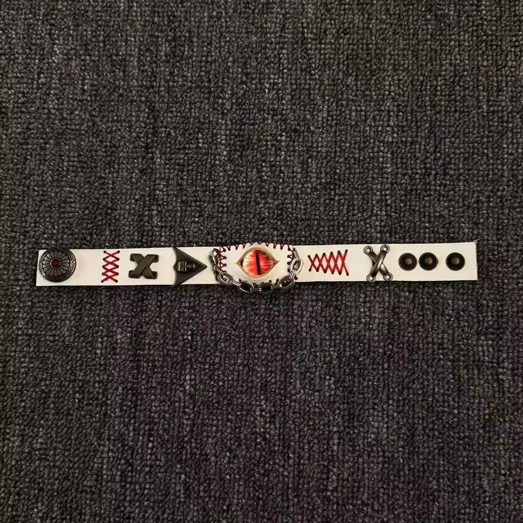 White Leather Stitched Evil Eye Bracelet - Medical Horror Aesthetic Cuff - Voodoo Doll Style Wristband