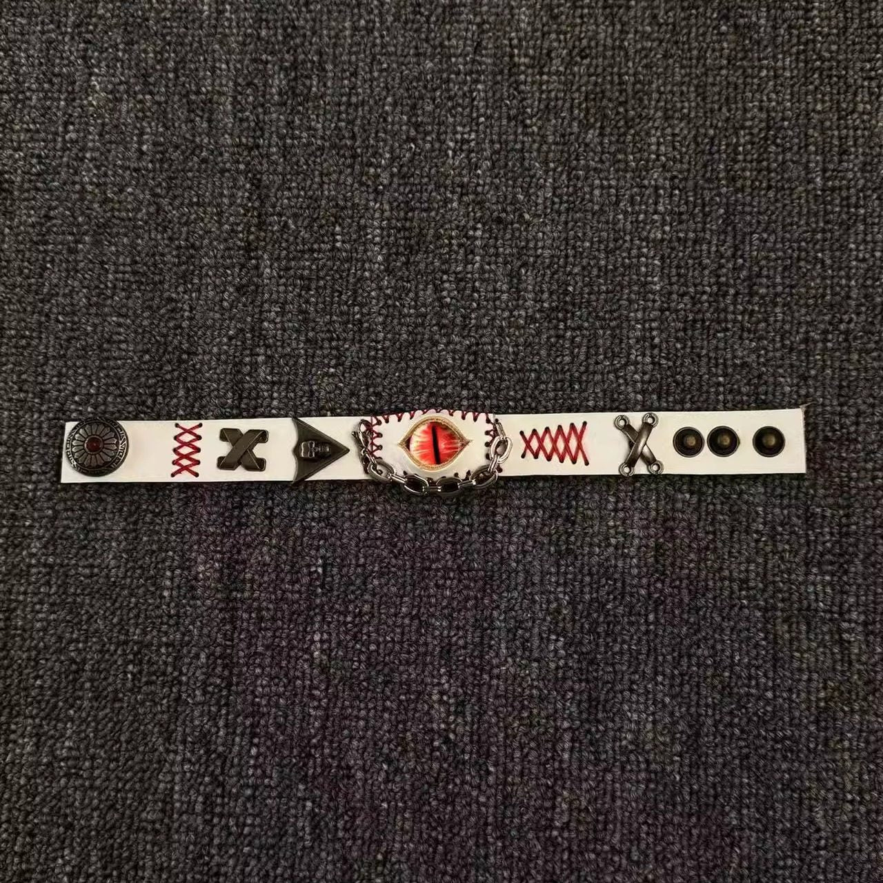 White Leather Stitched Evil Eye Bracelet - Medical Horror Aesthetic Cuff - Voodoo Doll Style Wristband
