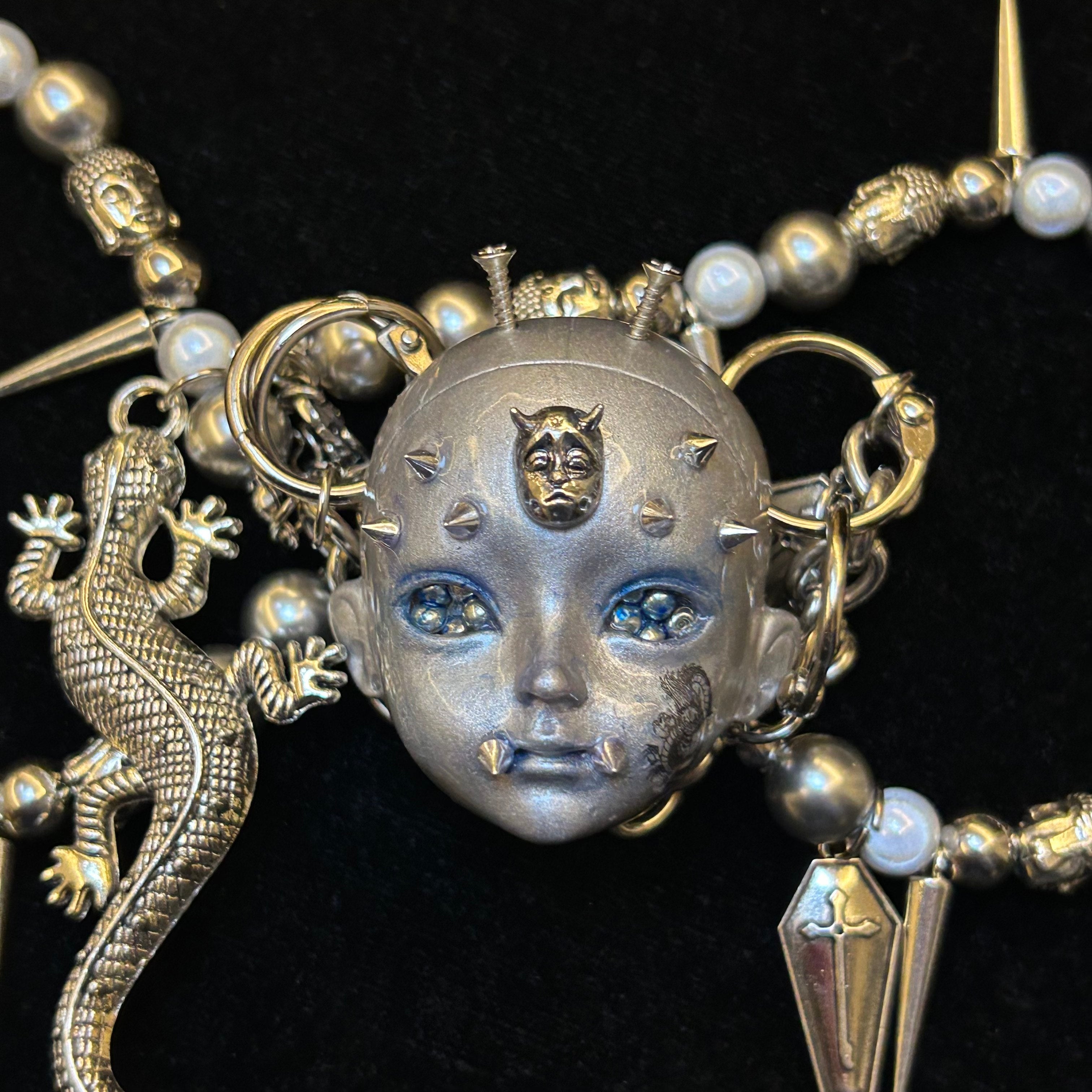 Silver Metallic "Third Eye" Crying Doll Face Choker - Black Leather & Gothic Cross Studs