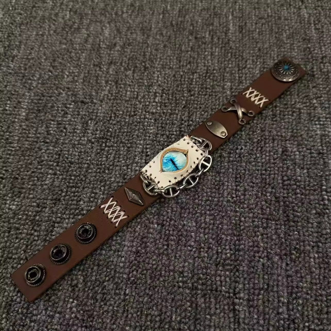 Desert Tan Suede Dragon Eye Bracelet - Spiked Chain Cuff - Yellow Reptile Eye Wristband - Wasteland Aesthetic