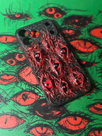 Uchiha Nightmare: Handmade Red Flesh Case with Multiple Sharingan Eyes (3D Texture)