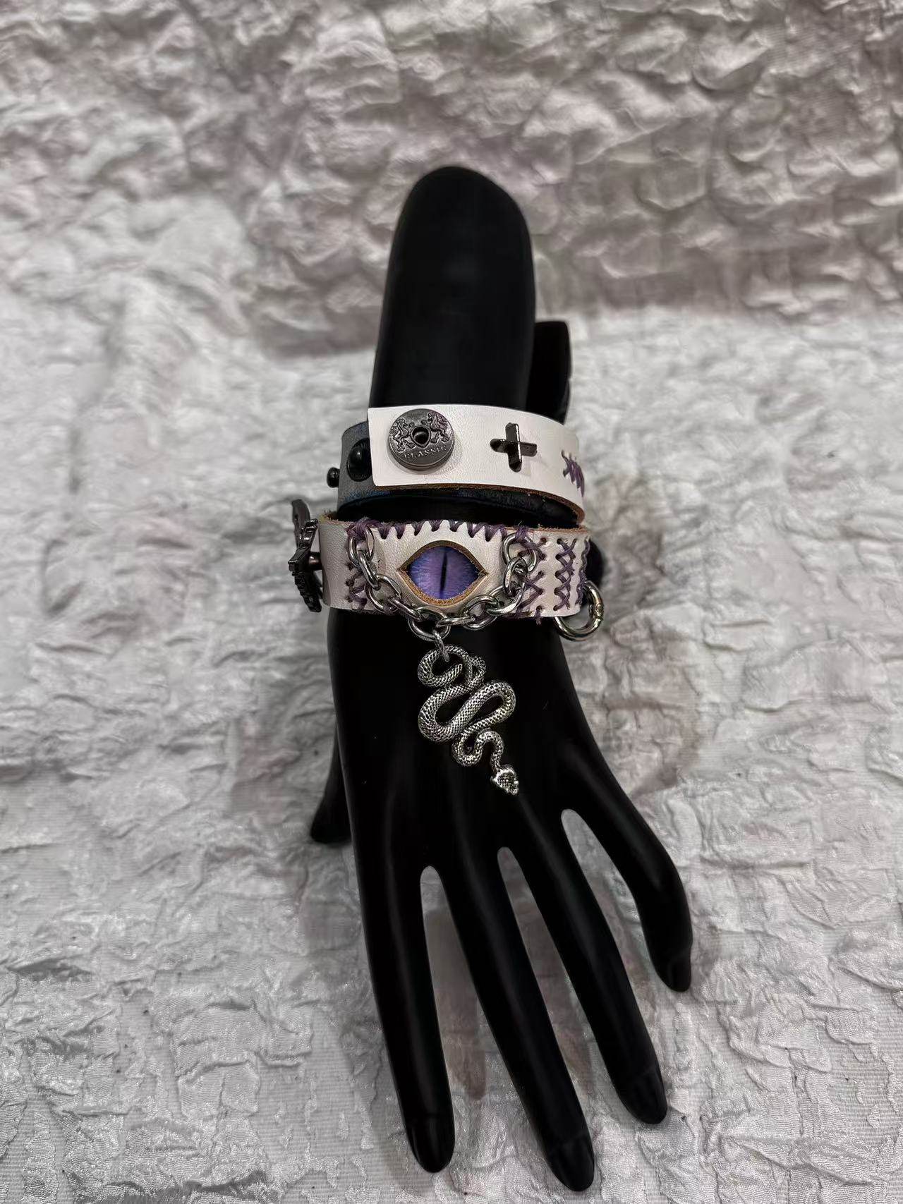 2-in-1 Gothic White Leather Choker & Wrap Bracelet - Purple Dragon Eye Snake & Moth Necklace - Grunge Silver Charms