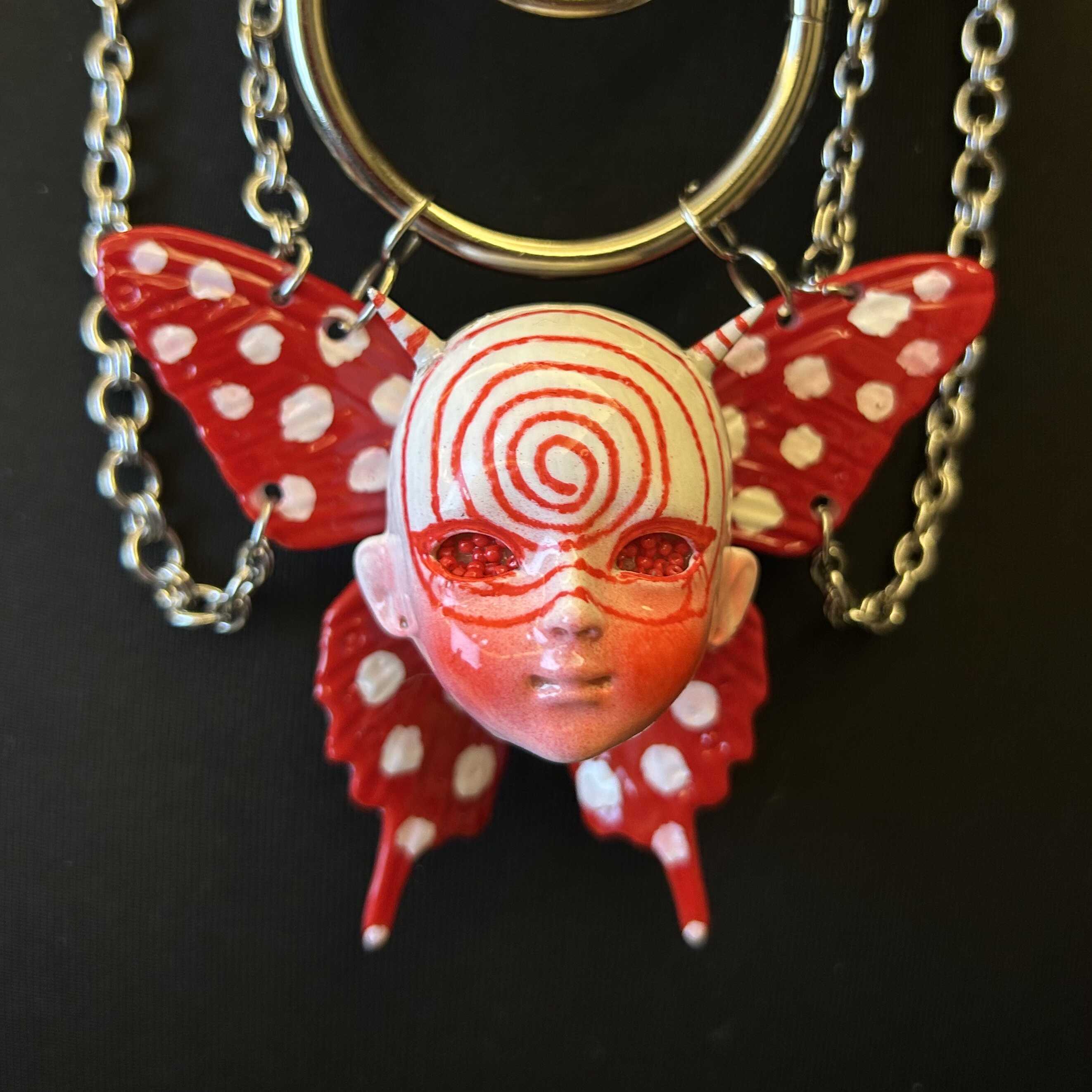 Red Graffiti Leather Spiked Choker with Spiral Doll Face & Spotted Butterfly Wings