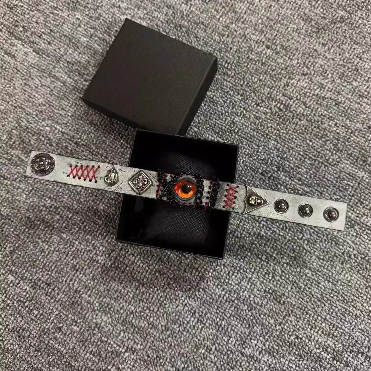 Grunge Concrete Grey Leather Stitched Bracelet - Red Dragon Eye Cuff - Industrial Punk Wristband