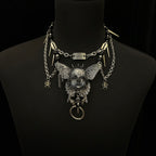 Silver Metallic Butterfly Doll Face Necklace with Rhinestone Heart & Winged Skull Charm