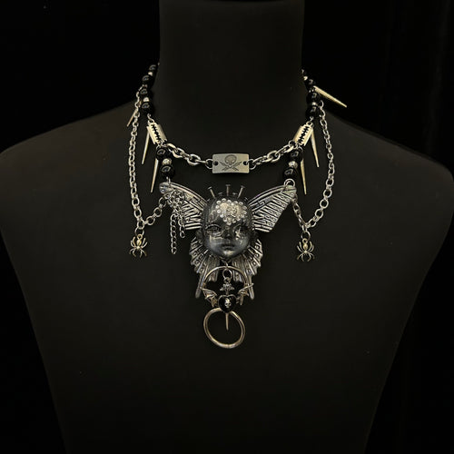 Silver Metallic Butterfly Doll Face Necklace with Rhinestone Heart & Winged Skull Charm - Crux Jewelry product image 2