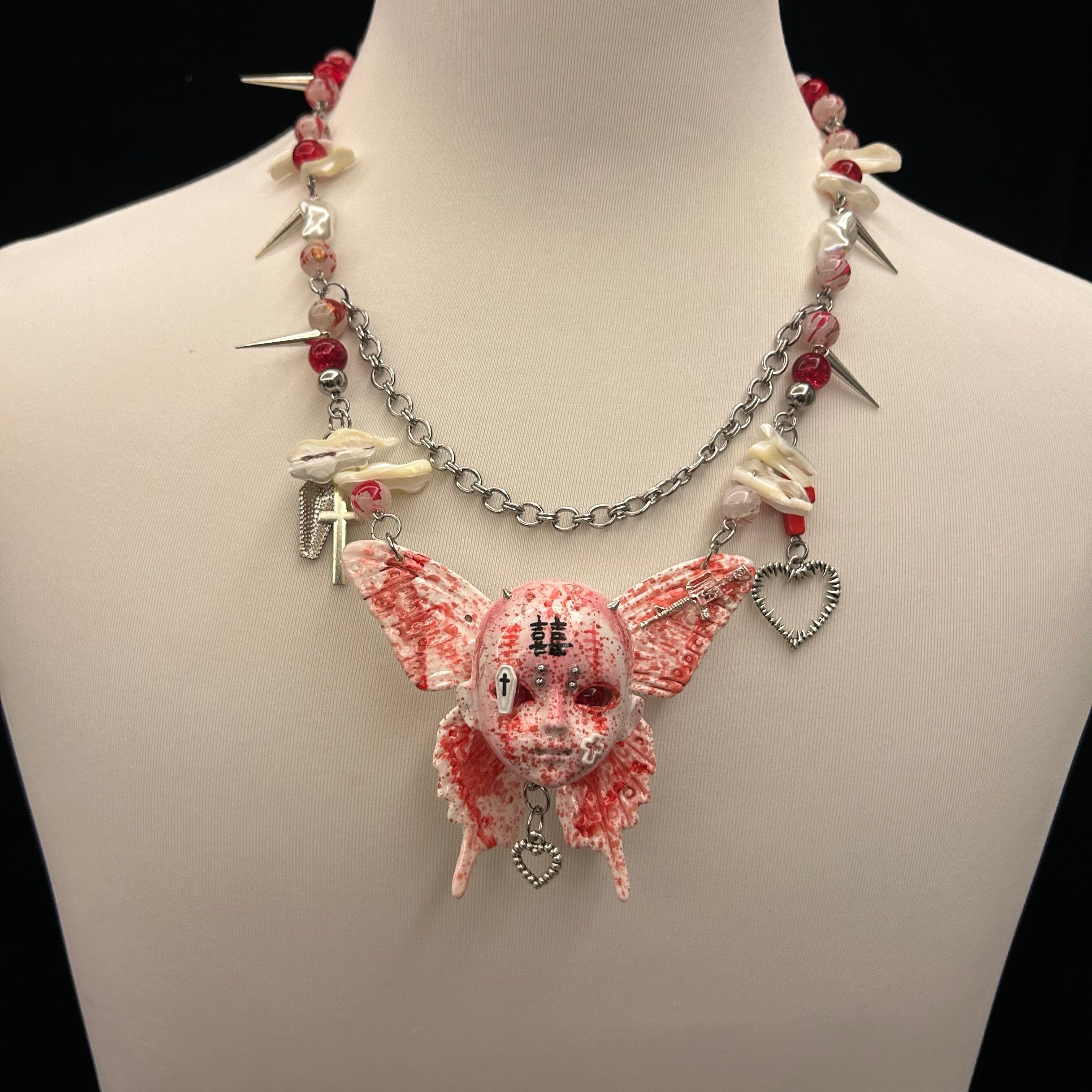 Bloody "Ghost Bride" Butterfly Doll Face Necklace - Double Happiness Symbol & Coffin Charm