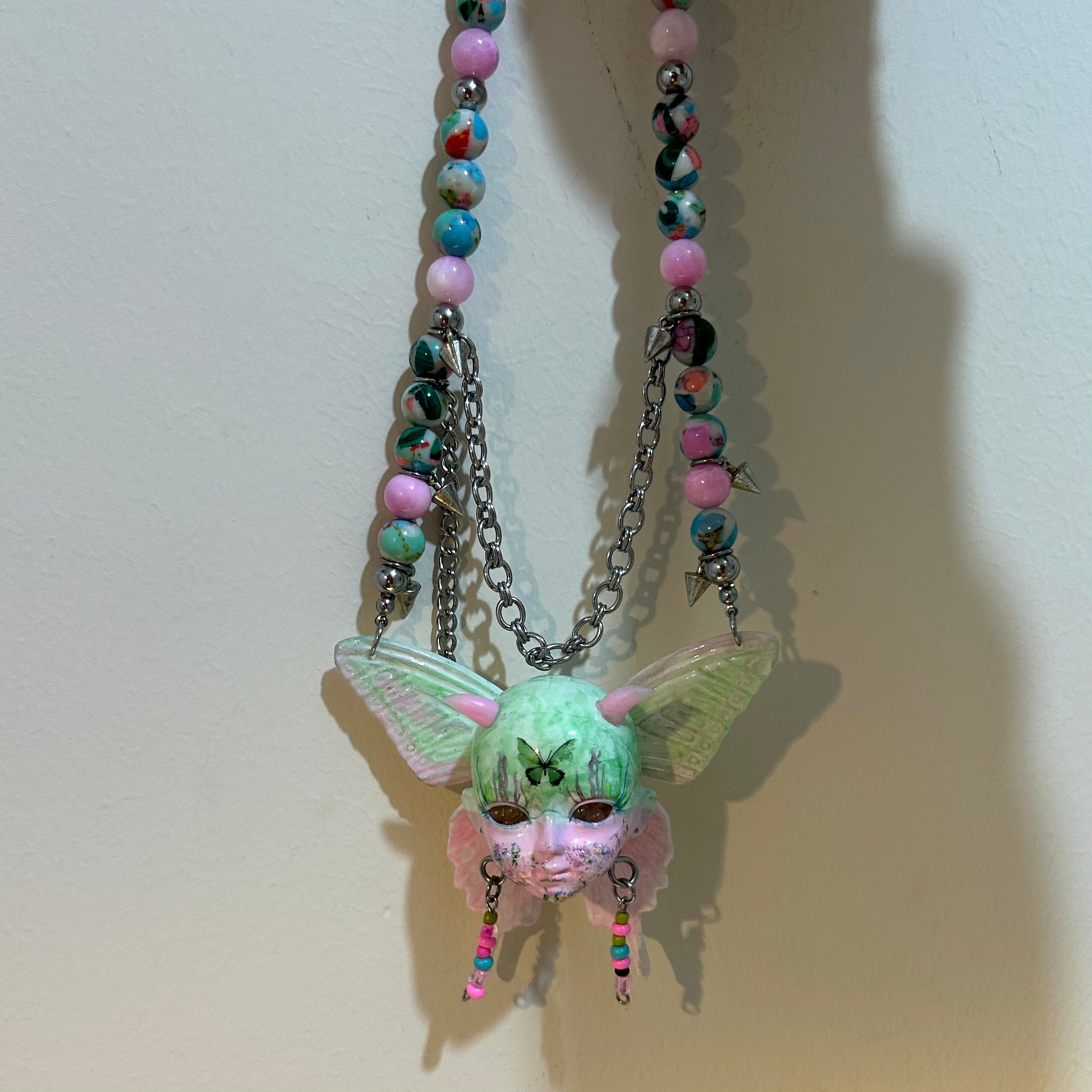 Pastel Goth Green Moth Doll Face Necklace with Pink Horns & Candy Beads