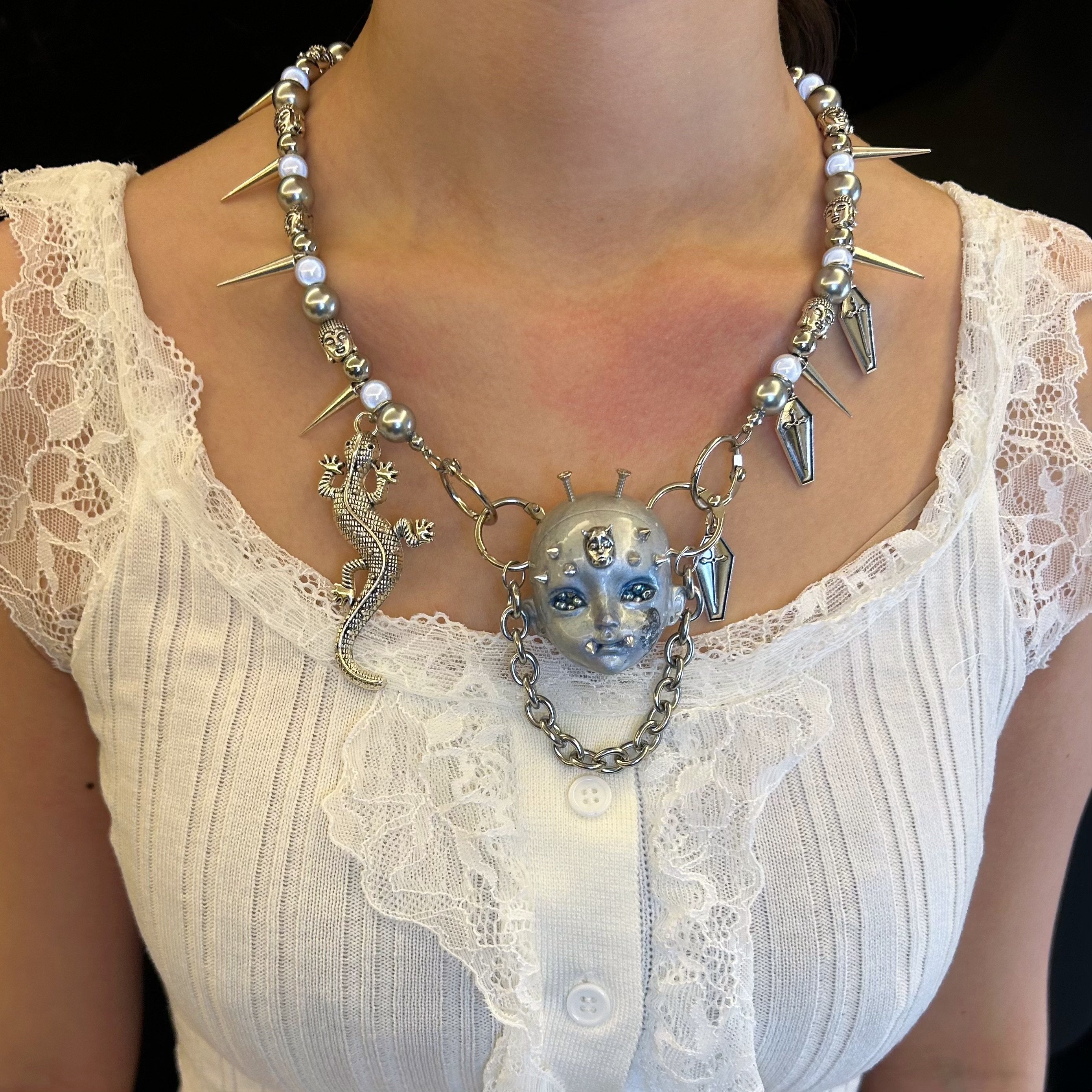 Silver Metallic "Third Eye" Crying Doll Face Choker - Black Leather & Gothic Cross Studs