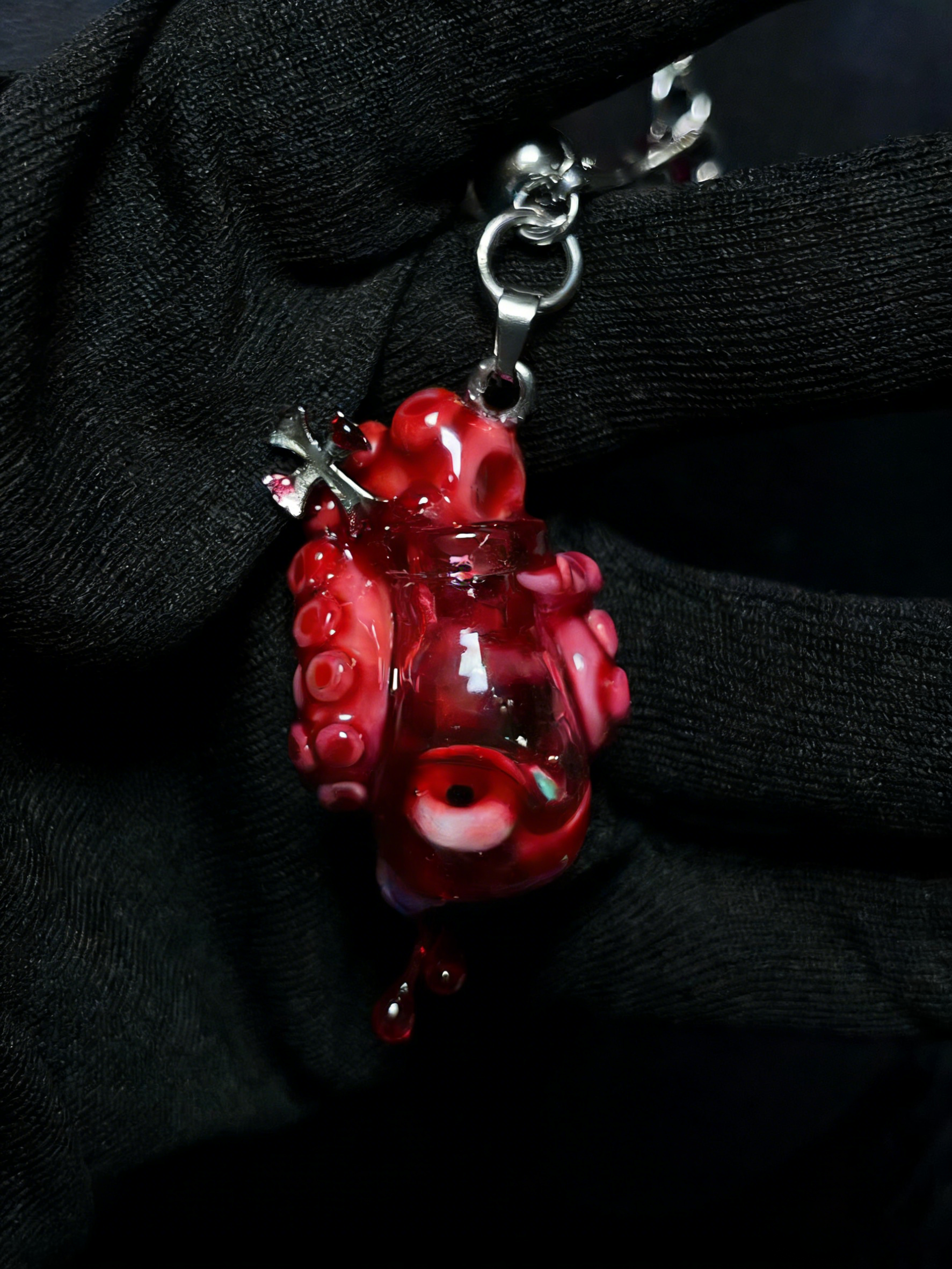 Trapped in Medicine Jar Necklace - Red Tentacle Specimen & Silver Cross