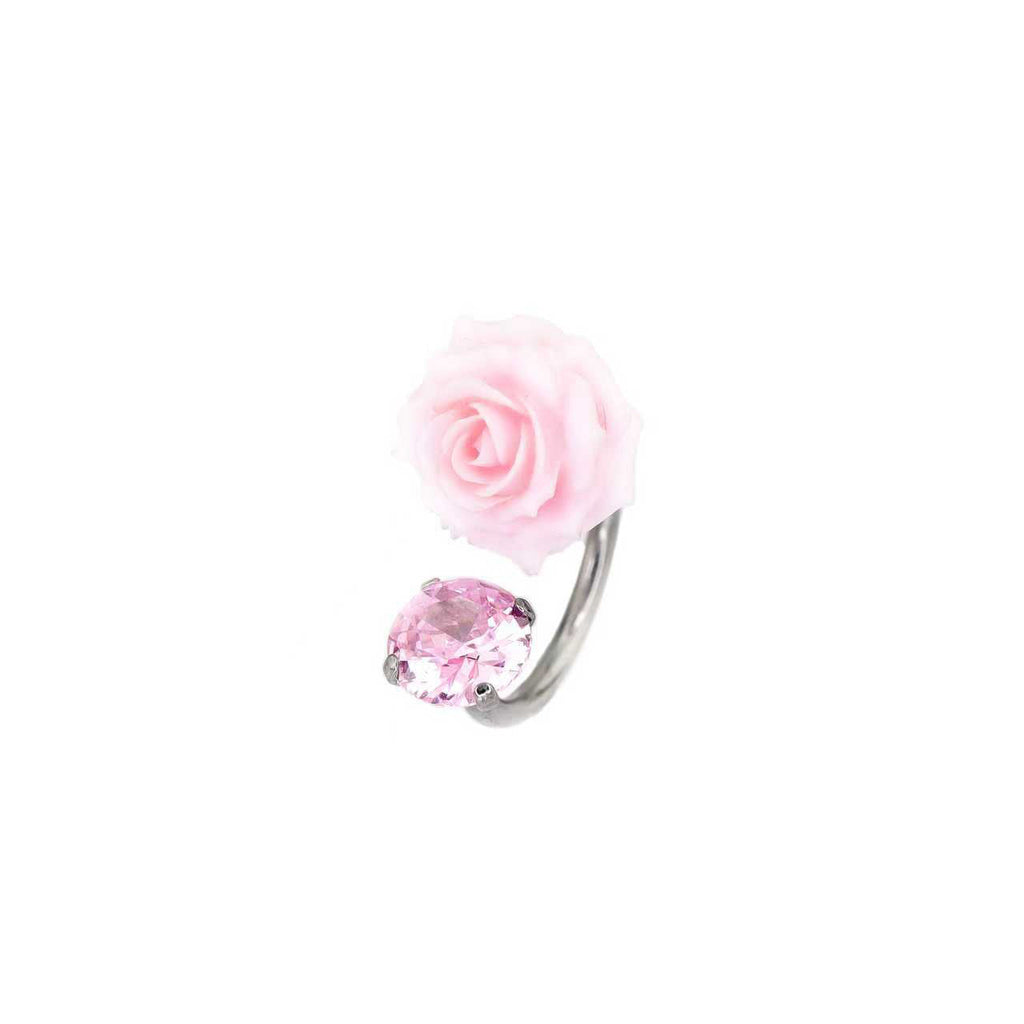 3D Pink Resin Rose & CZ Titanium Horseshoe Rings - 3D Pink Resin Rose & CZ Titanium Horseshoe Rings - 8mm by CRUXJEWELRY