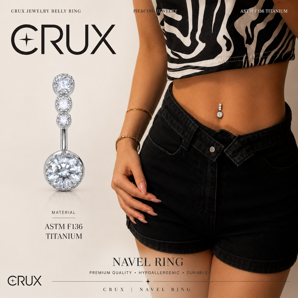 Sterling Titanium Vintage Navel Ring with Four-Zirconia