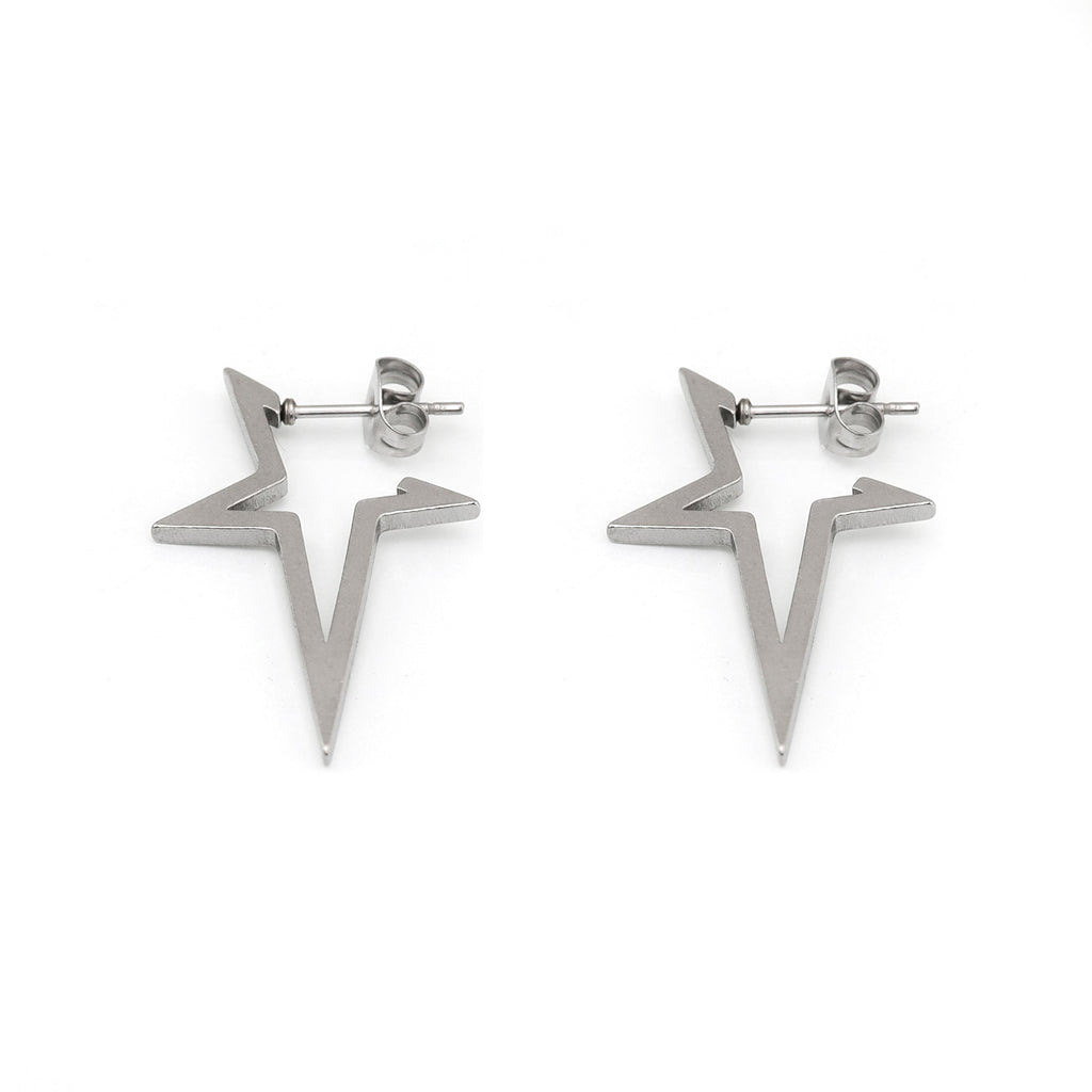 Black & White Large Pentagram Stainless Steel Ear Studs - Black & White Large Pentagram Stainless Steel Ear Studs - Set / Sliver by CRUXJEWELRY