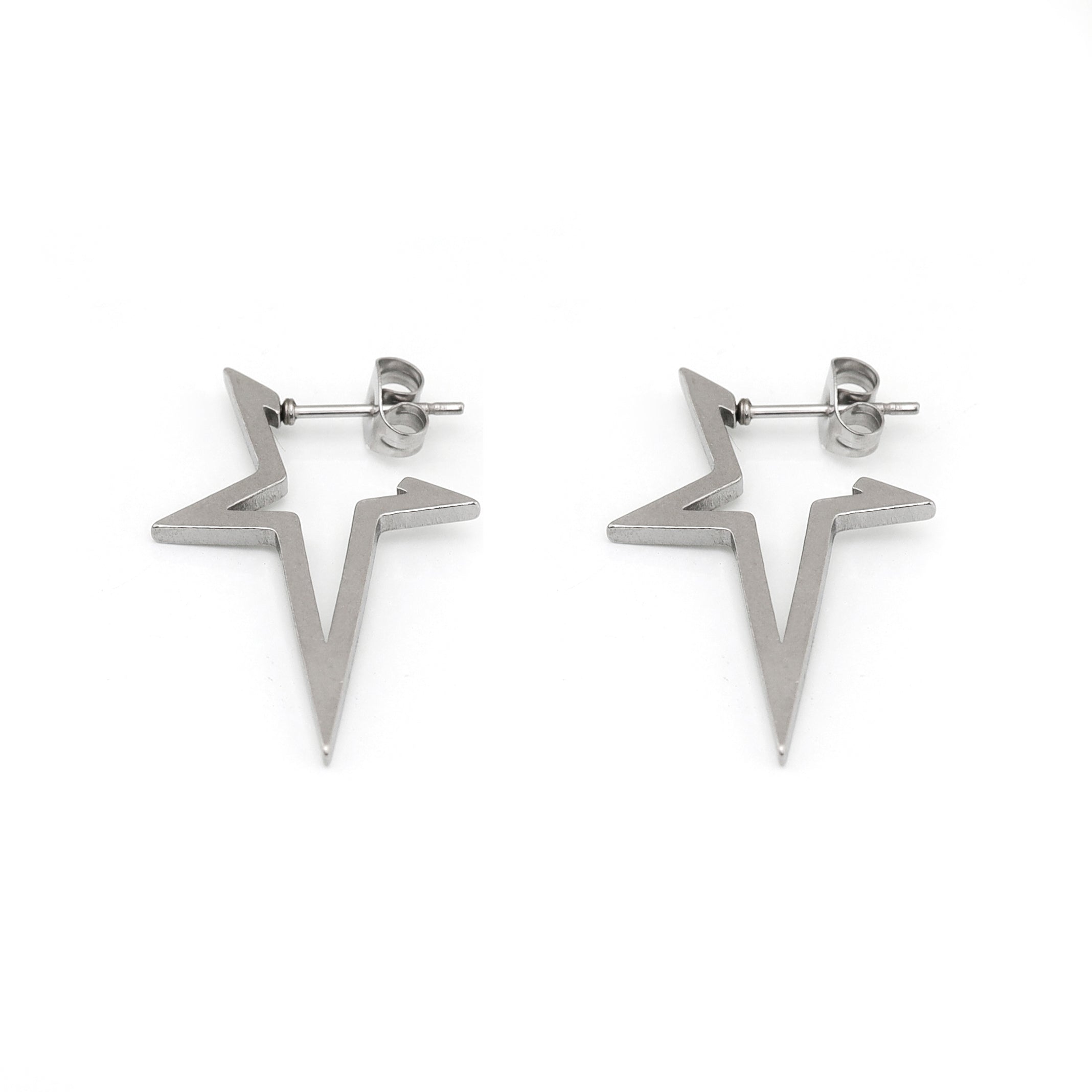 Black & White Large Pentagram Stainless Steel Ear Studs - Black & White Large Pentagram Stainless Steel Ear Studs - Set / Sliver by CRUXJEWELRY