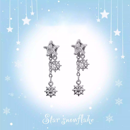 Christmas - PAIR OF Snowflake Pentagram Dangle Stainless Steel Ear Studs - product overview