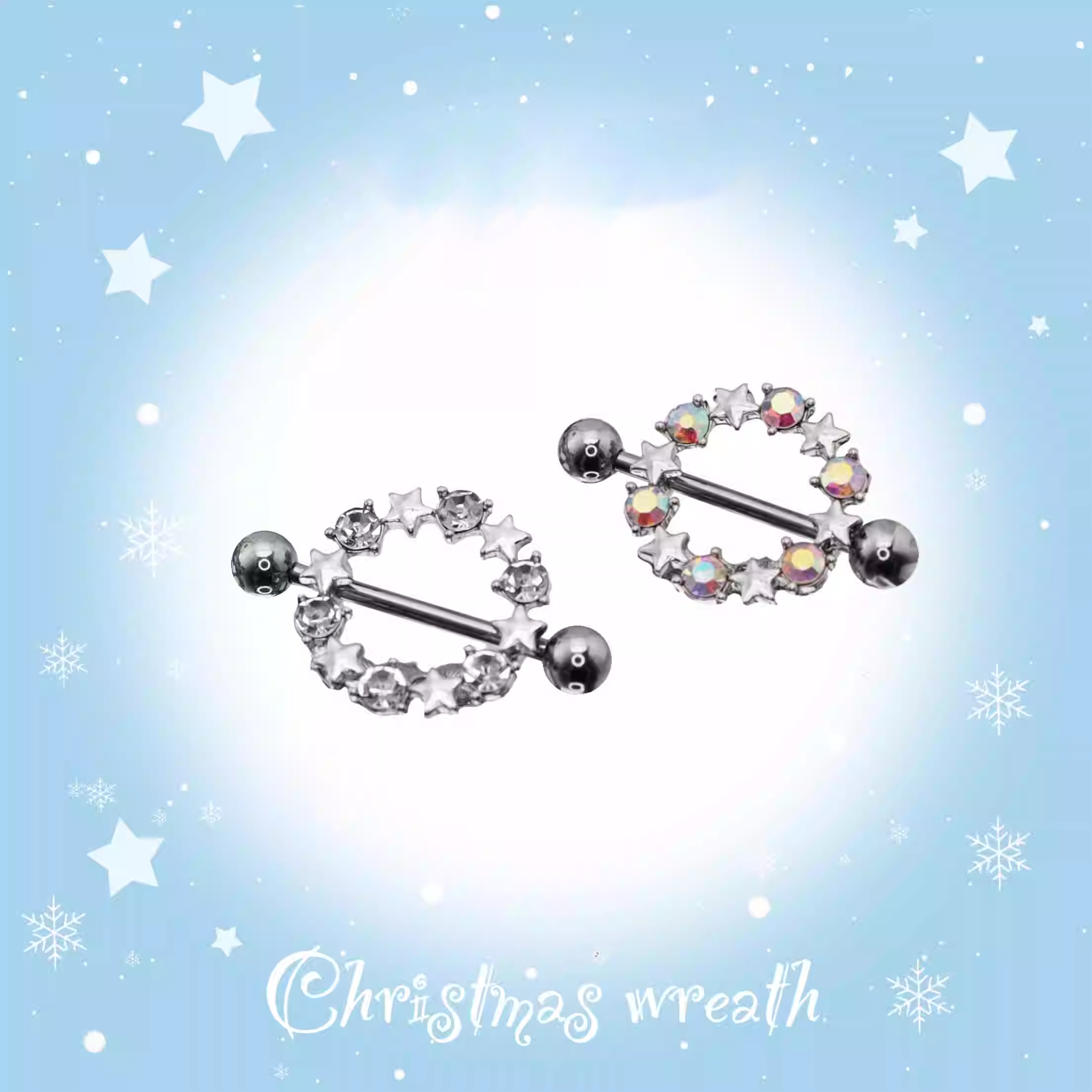 Christmas - PAIR OF Pentagram Floral Halo stainless steel Nipple Rings - Christmas - PAIR OF Pentagram Floral Halo stainless steel Nipple Rings - White by CRUXJEWELRY