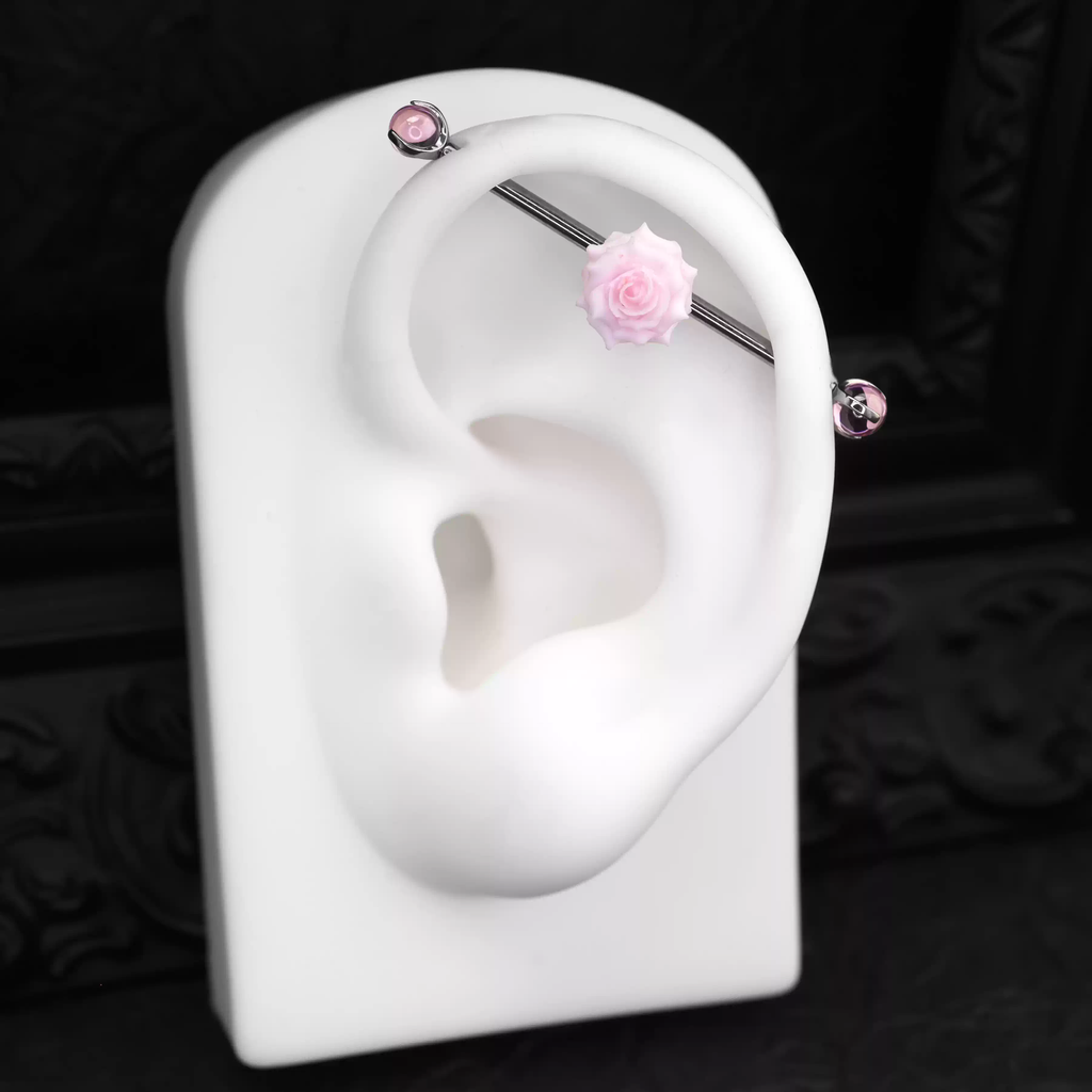 Floral CZ Ball Titanium Industrial Barbell - Floral CZ Ball Titanium Industrial Barbell - Pink / 34mm by CRUXJEWELRY