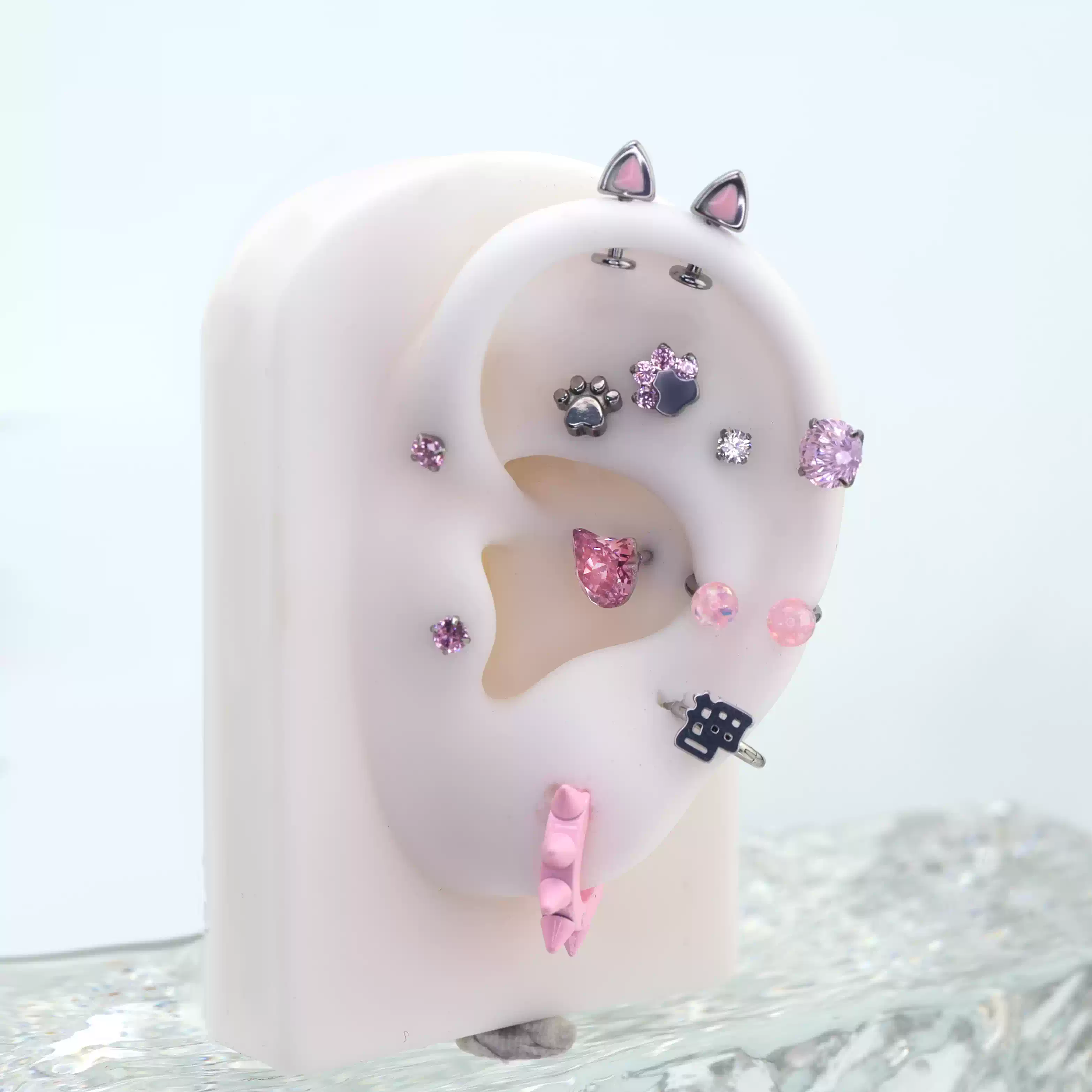 Paws & Purrs - Blue and Pink Cat Ear Stainless Steel Internally Threaded Helix Studs - Paws & Purrs - Blue and Pink Cat Ear Stainless Steel Internally Threaded Helix Studs - Blue / Single / 6mm by CRUXJEWELRY