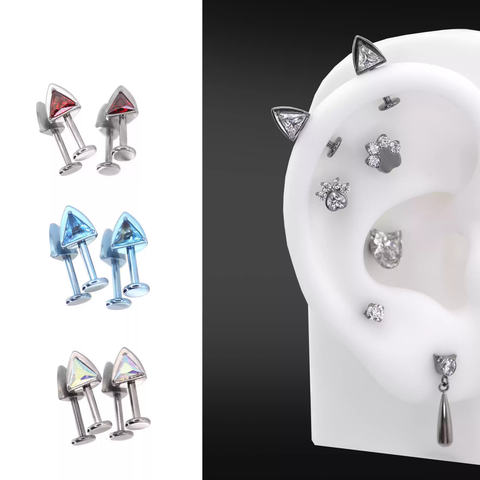Paws & Purrs - PAIR OF Cat Ear CZ Internally Threaded Titanium Ear Stud