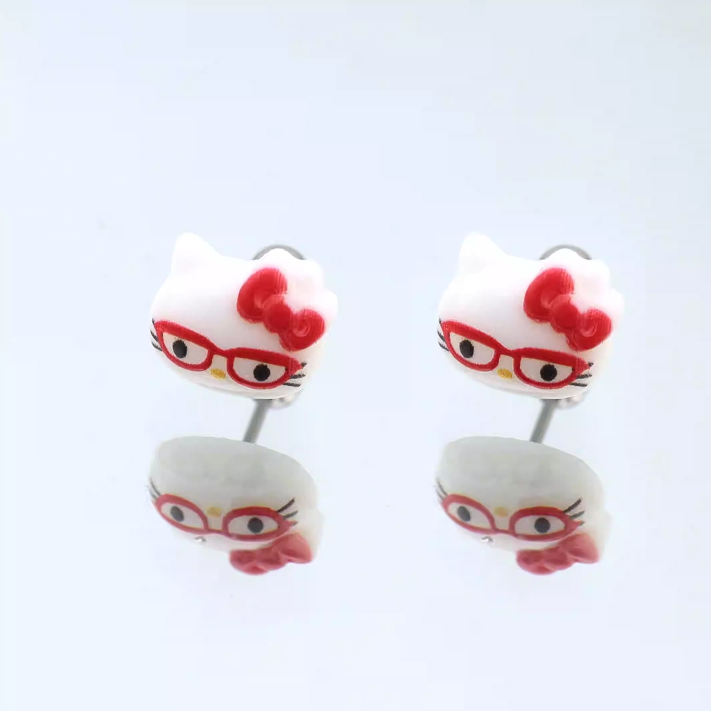 Paws & Purrs - Sweet Punk Kitty Face Ear Stud - Paws & Purrs - Sweet Punk Kitty Face Ear Stud - Red Glass / 0.8mm/20G by CRUXJEWELRY