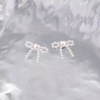 Heart Pearl Bow Stainless Steel Ear Studs - Heart Pearl Bow Stainless Steel Ear Studs - White / Single / 6mm by CRUXJEWELRY