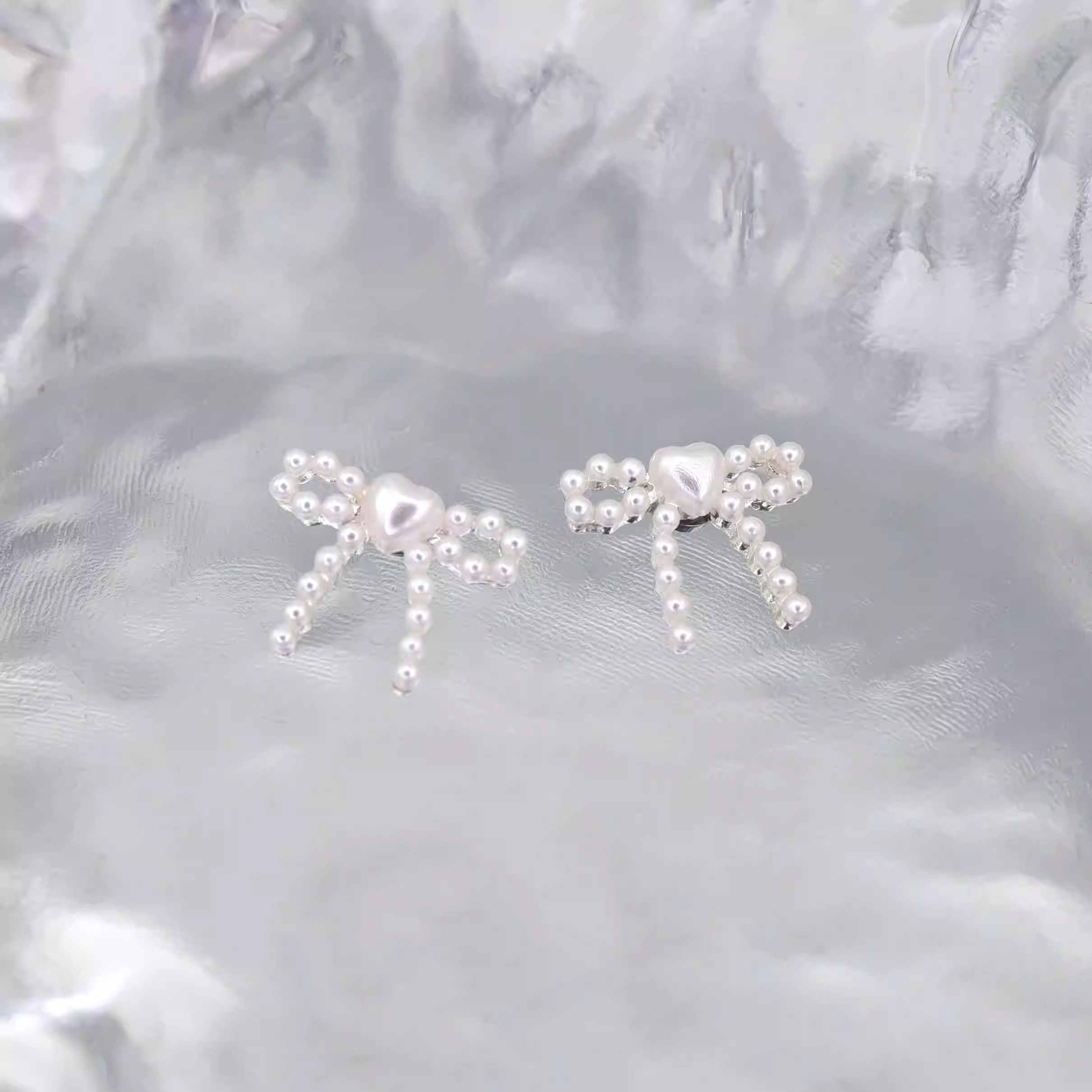 Heart Pearl Bow Stainless Steel Ear Studs - Heart Pearl Bow Stainless Steel Ear Studs - White / Single / 6mm by CRUXJEWELRY