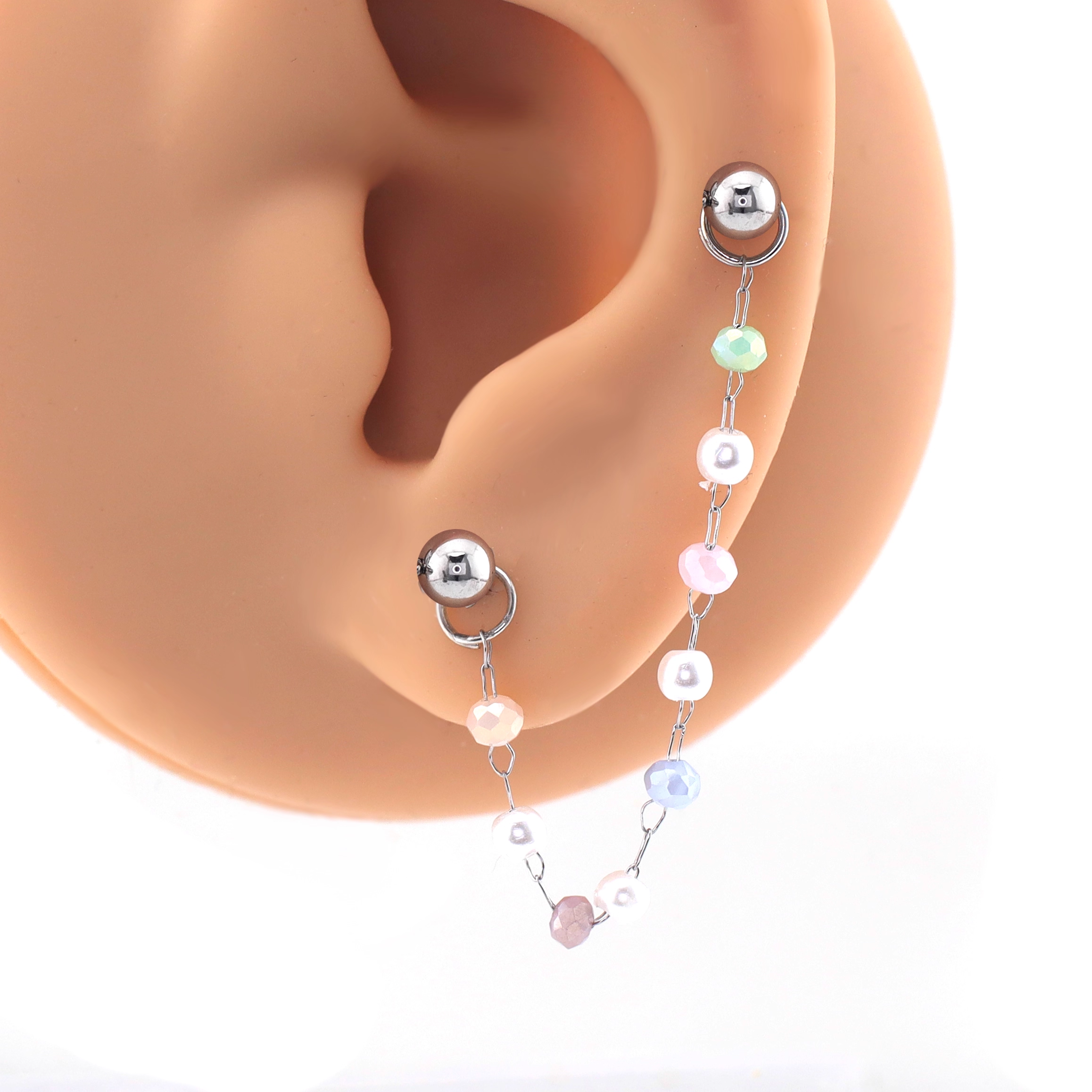 Macaron Color Ball Ear Chain - Macaron Color Ball Ear Chain - Macaron Chain & Ear Stud by CRUXJEWELRY