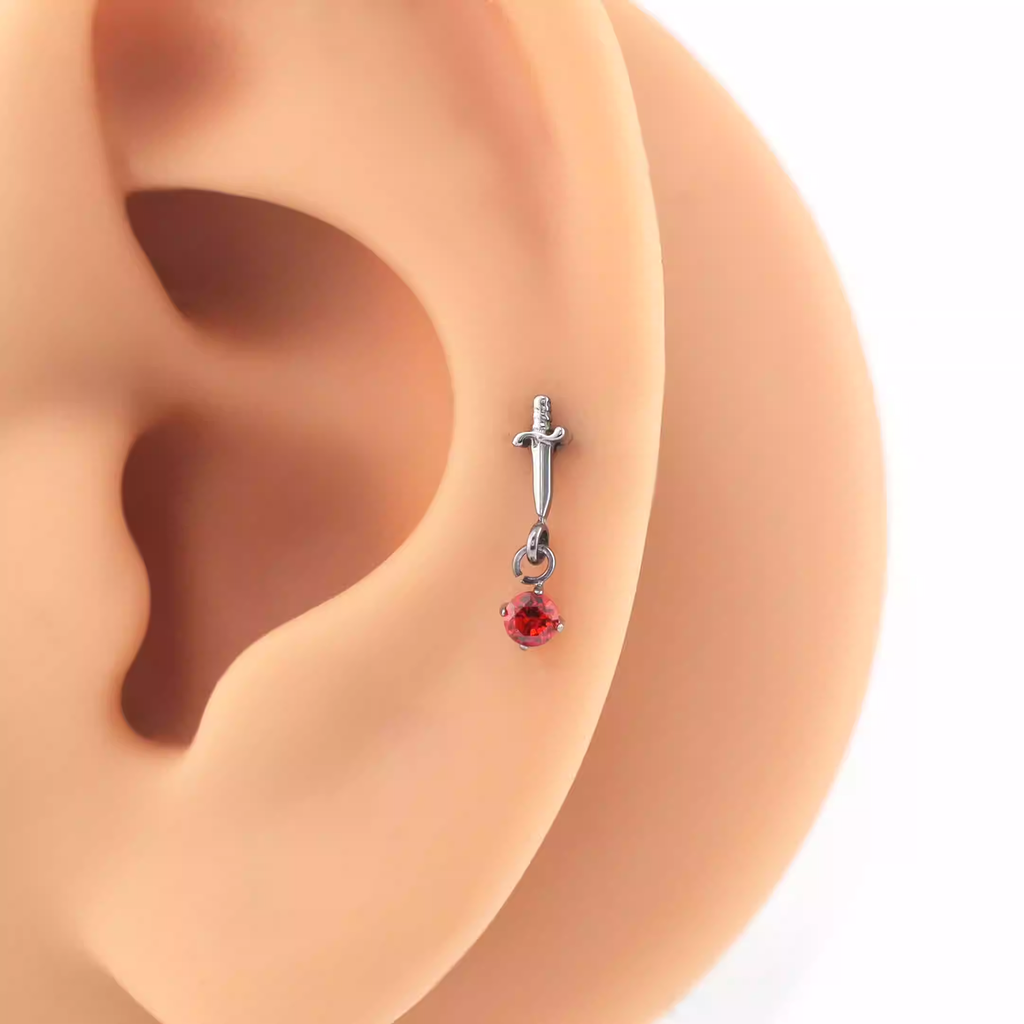 Mini Dagger Pendant CZ Titanium Ear Studs - Mini Dagger Pendant CZ Titanium Ear Studs - Red / 6mm by CRUXJEWELRY