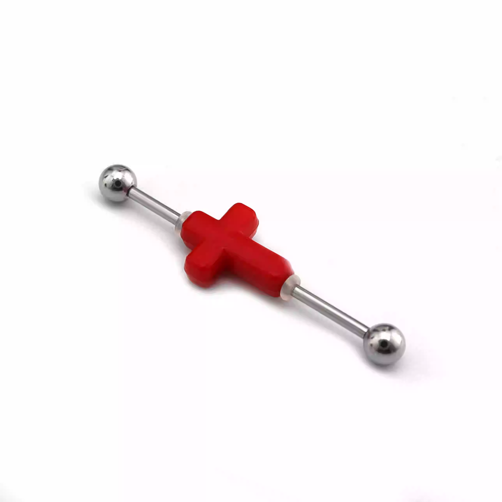 CRUX- Dark 3D Cross Stainless Steel Industrial Barbell - CRUX- Dark 3D Cross Stainless Steel Industrial Barbell - Red / 1.2mm/16G by CRUXJEWELRY