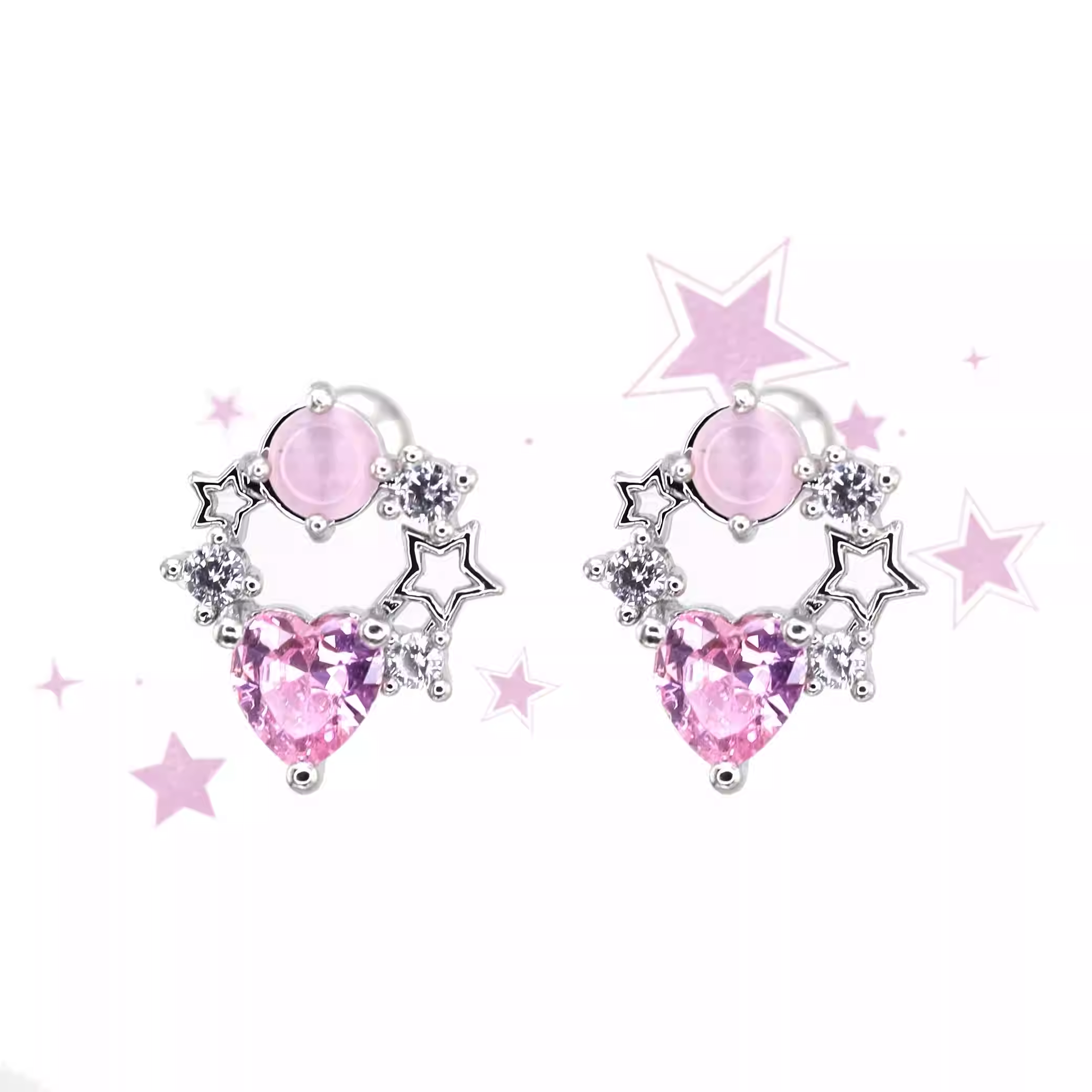 Pink CZ Cat's Eye Floral Halo white-gold-plated copper Ear Studs - Pink CZ Cat's Eye Floral Halo white-gold-plated copper Ear Studs - Single by CRUXJEWELRY