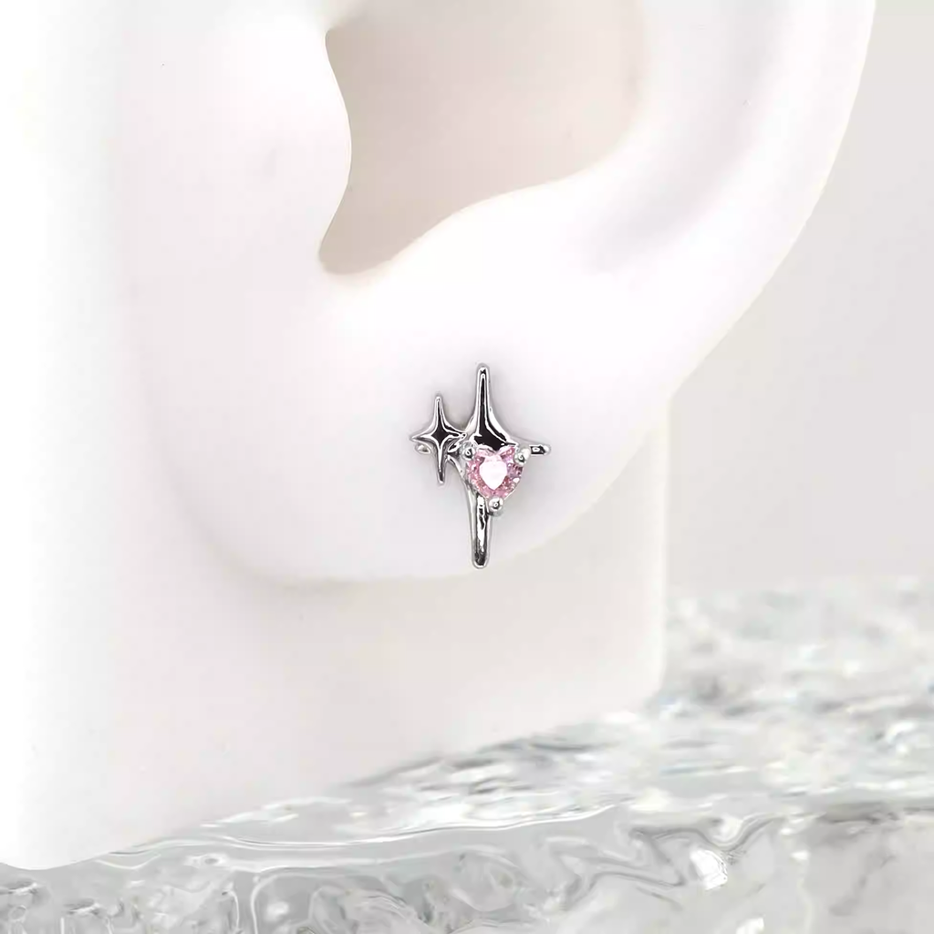 Pink CZ Double Star Thin Gauge 316 stainless steel Ear Studs - Pink CZ Double Star Thin Gauge 316 stainless steel Ear Studs - Single by CRUXJEWELRY