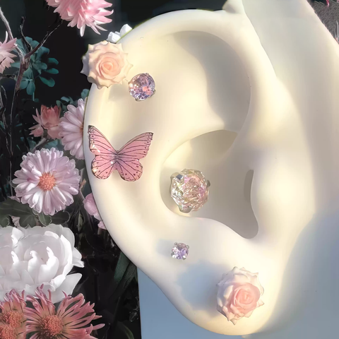 Butterfly Floral Earrings Rose Pink Cartilage & Helix Look