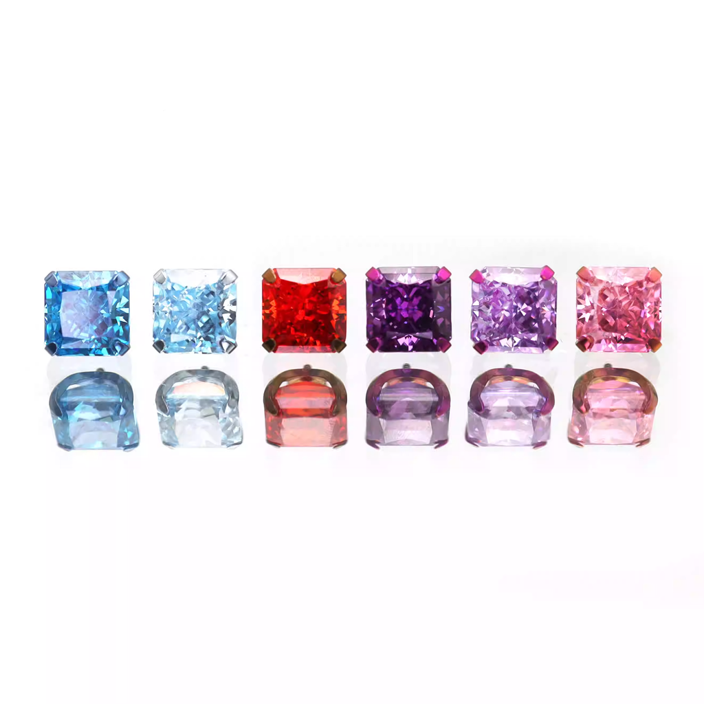 Rainbow Square CZ Titanium Ear Studs - Rainbow Square CZ Titanium Ear Studs - Ocean Blue / 6mm by CRUXJEWELRY
