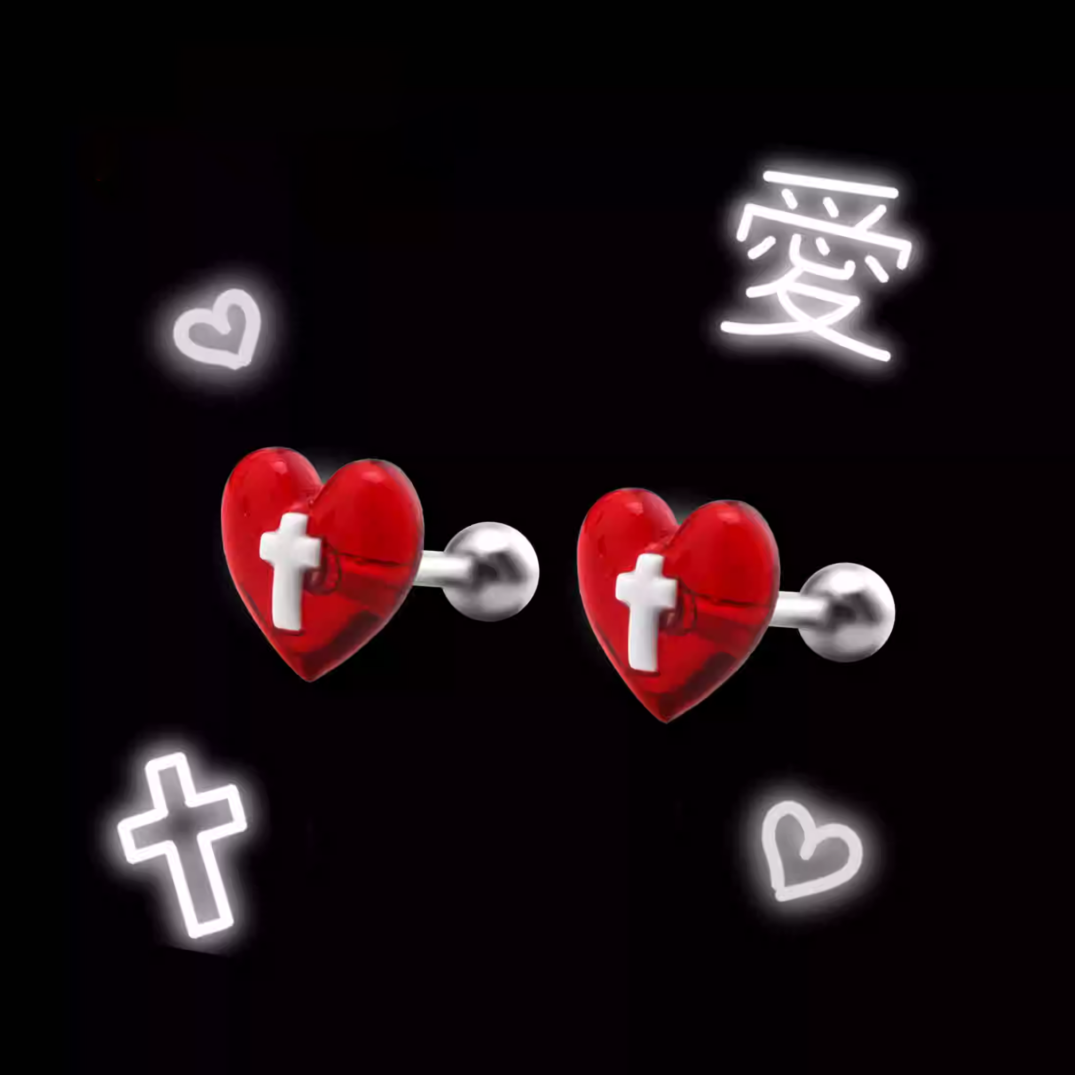 CRUX - Red Heart Cross stainless steel Ear Studs - CRUX - Red Heart Cross stainless steel Ear Studs - Single / 0.8mm/20G / 6mm by CRUXJEWELRY