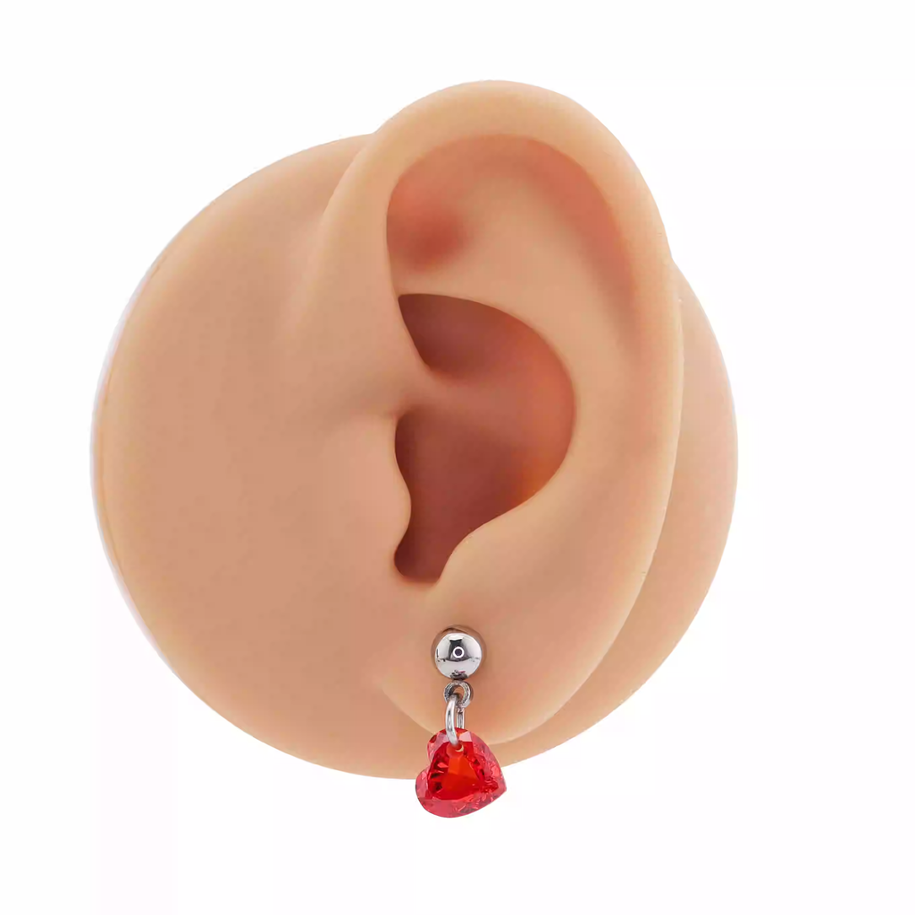 CRUX - Red Heart CZ Dangle stainless steel Ear Studs - CRUX - Red Heart CZ Dangle stainless steel Ear Studs - Single / 0.8mm/20G / 6mm by CRUXJEWELRY